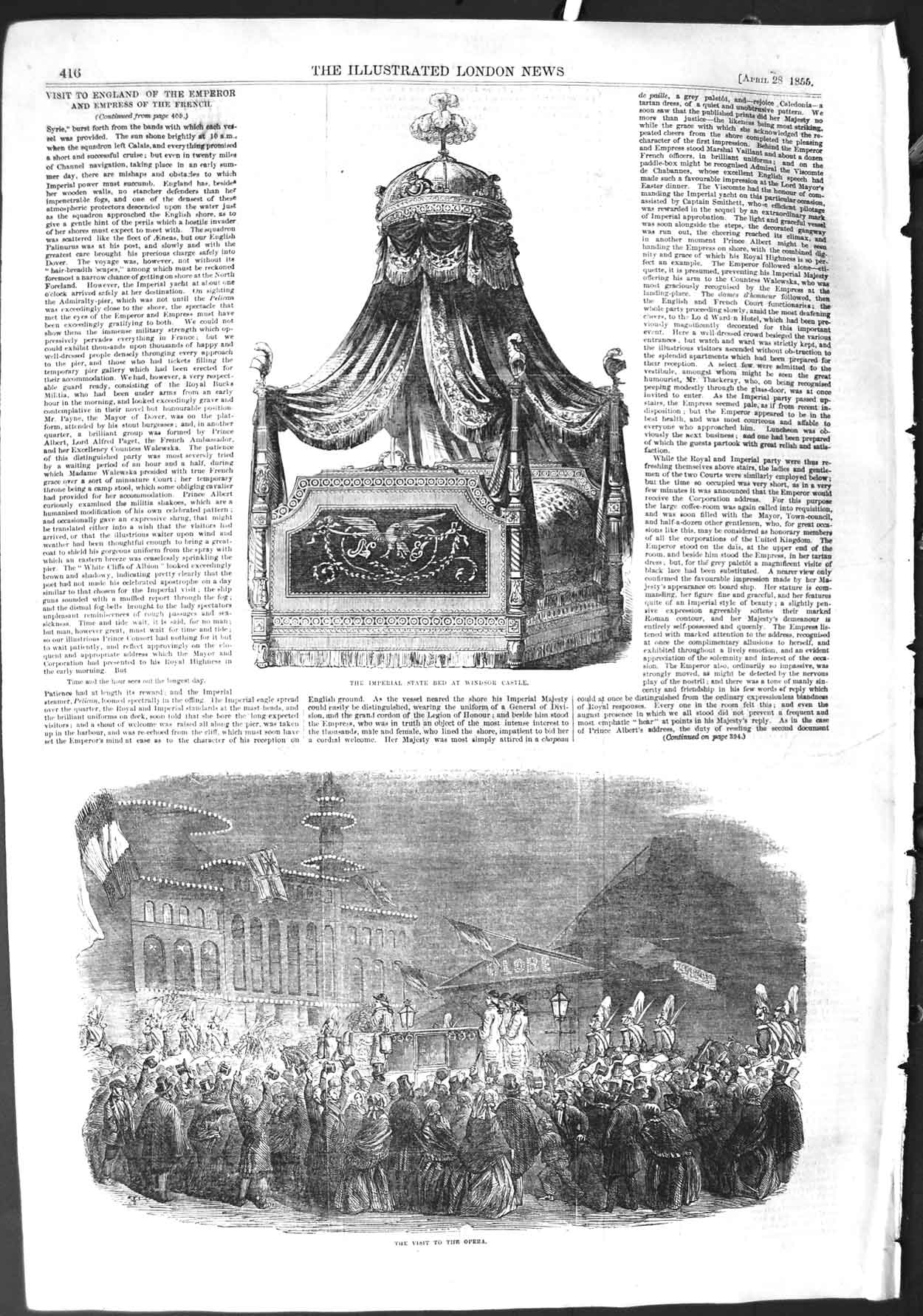 Original Old Antique Print 1855 Imperial State Bed Windsor Castle Opera London