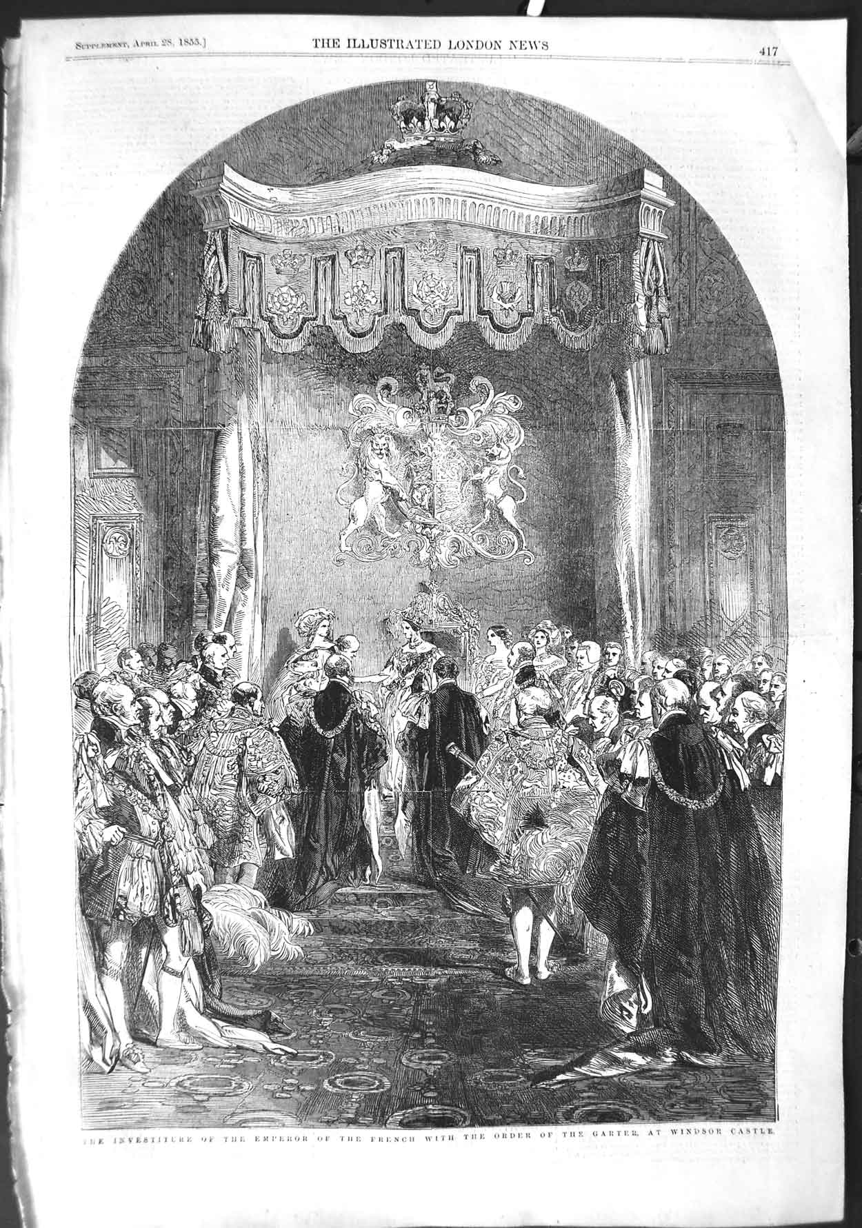 Old Antique Print 1855 Investiture Emperor French Garter Windsor Castle 19th