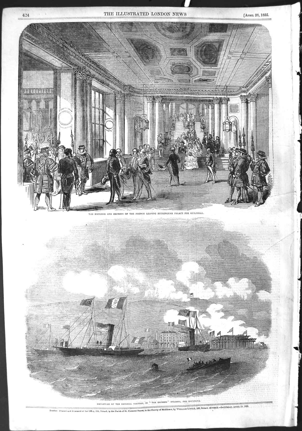 Old Antique Print 1855 Emperor French Buckingham Palace Steamer Ship Boat 19th
