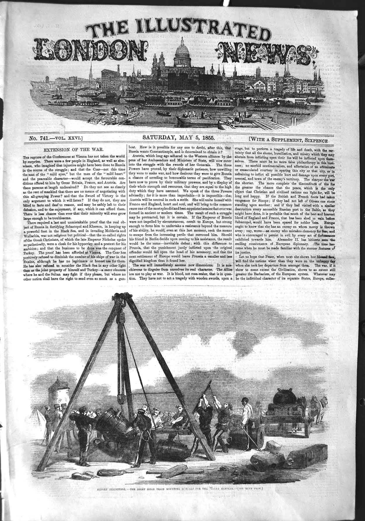 Original Old Antique Print 1855 Sebastopol War Siege Train Mountain Mortars Gun