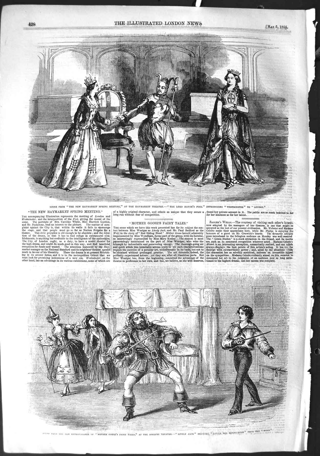 Original Old Antique Print 1855 Haymarket Theatre Mother Goose Fairy Tales 19th