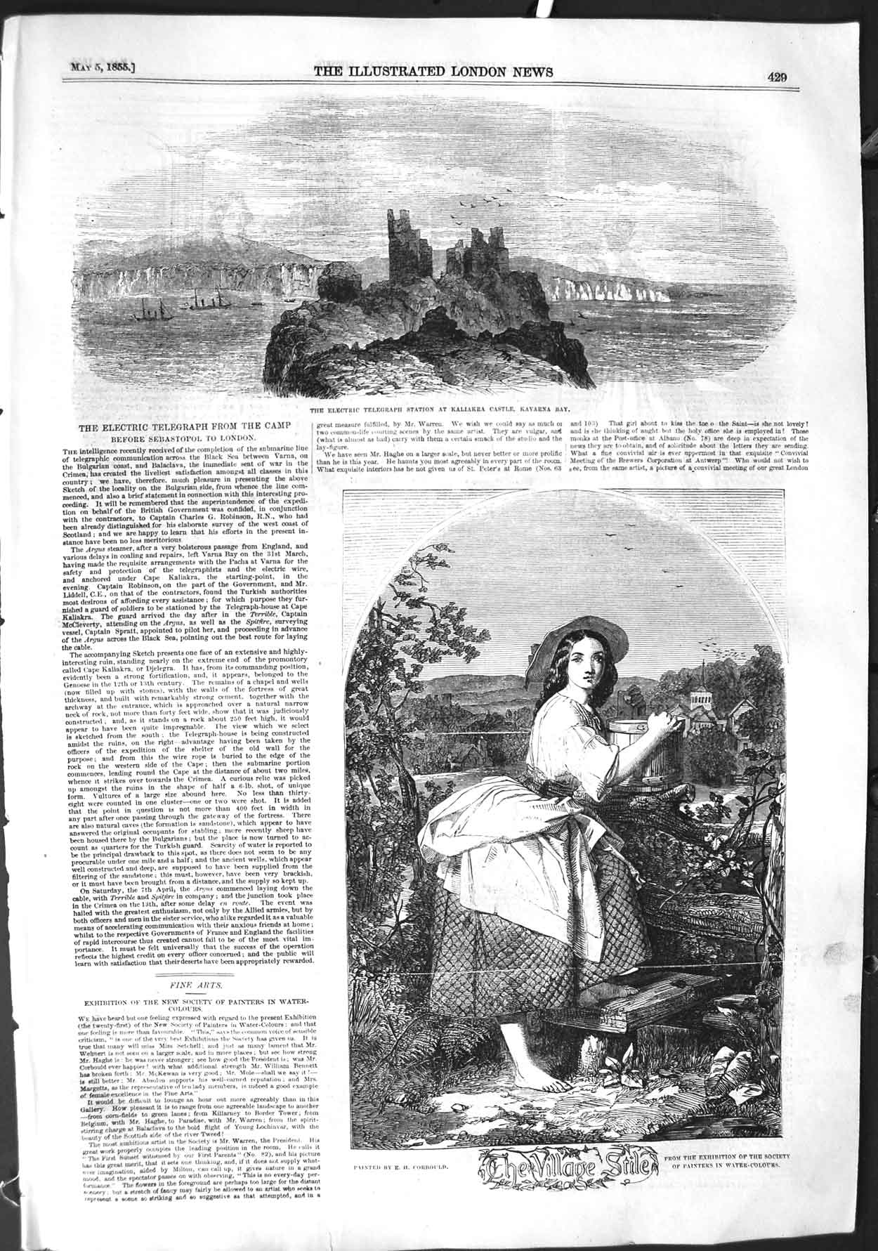 Original Old Antique Print 1855 Electric Telegraph Station Kaliakra Kavar 19th