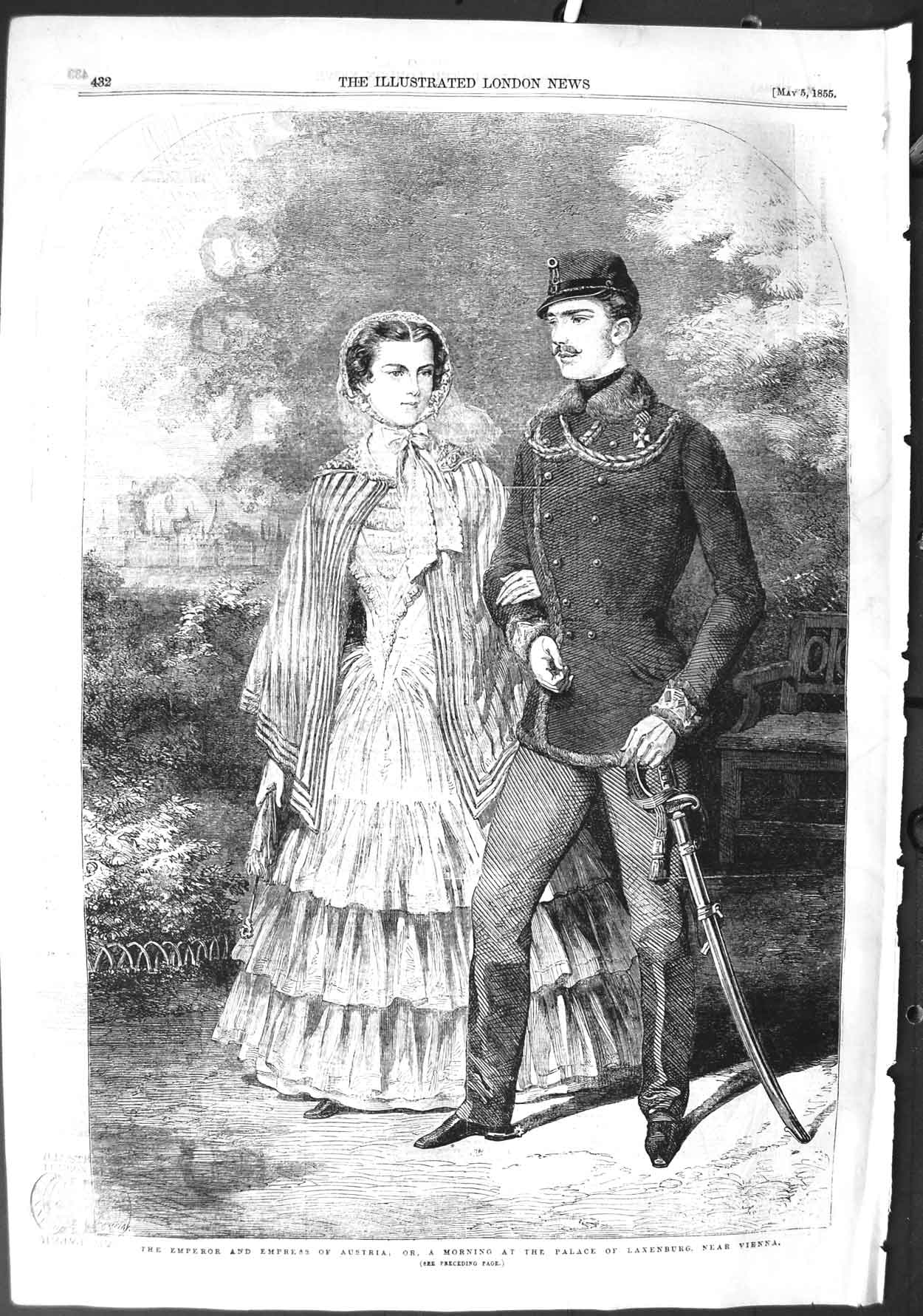 Original Old Antique Print 1855 Emperor Empress Austria Palace Laxenburg Vienna