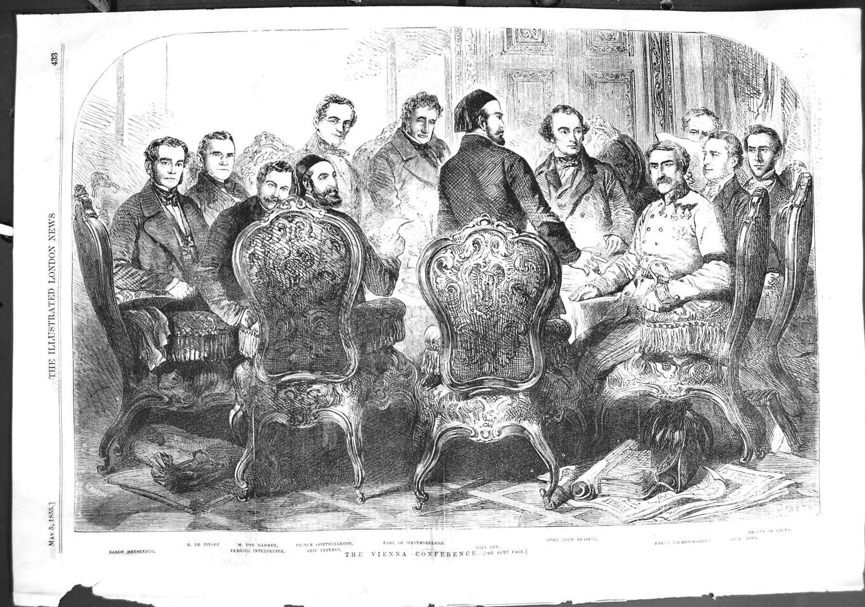 Original Old Antique Print 1855 Vienna Conference Titoff Westmoreland Russell