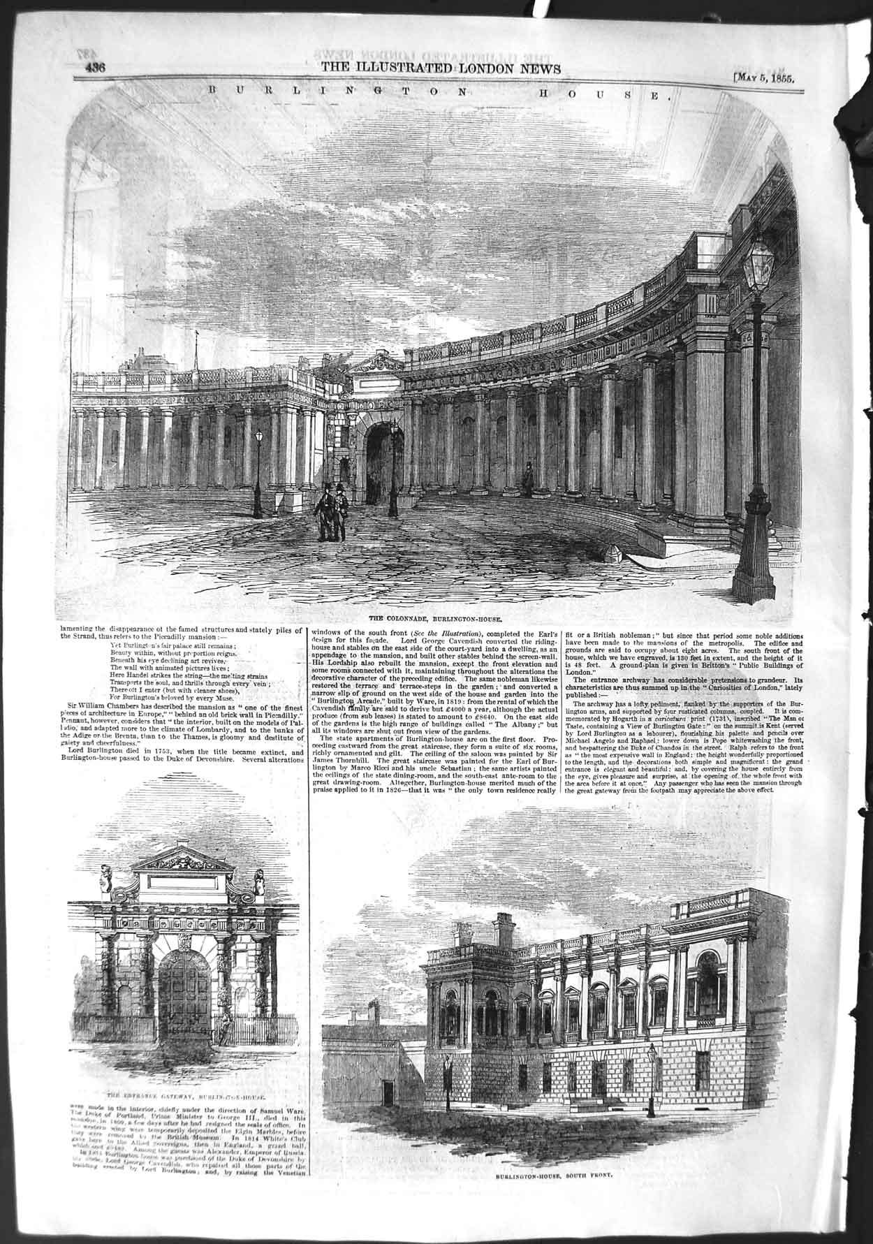 Old Antique Print 1855 Colonnade Burlington House Architecture Building 19th