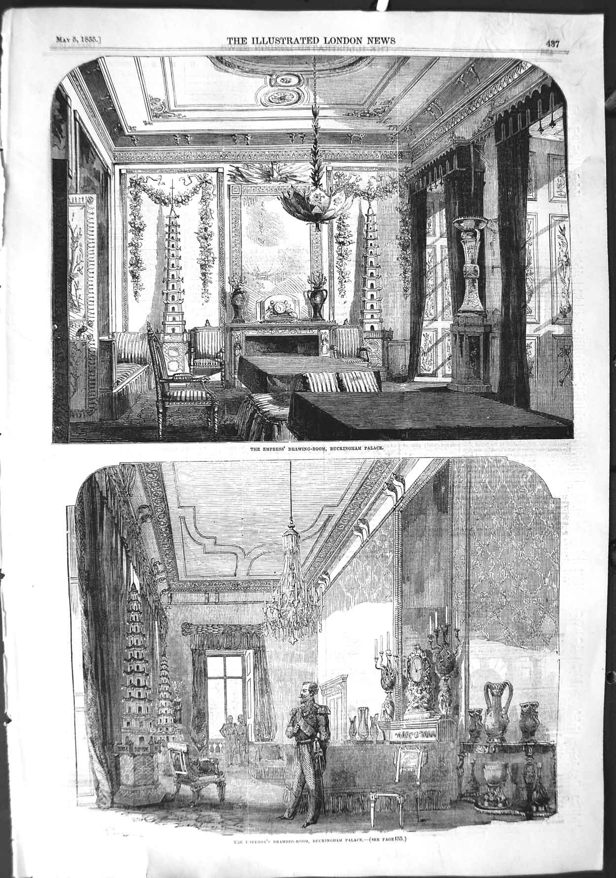 Original Old Antique Print 1855 Empress Drawing Room Buckingham Palace Emperor