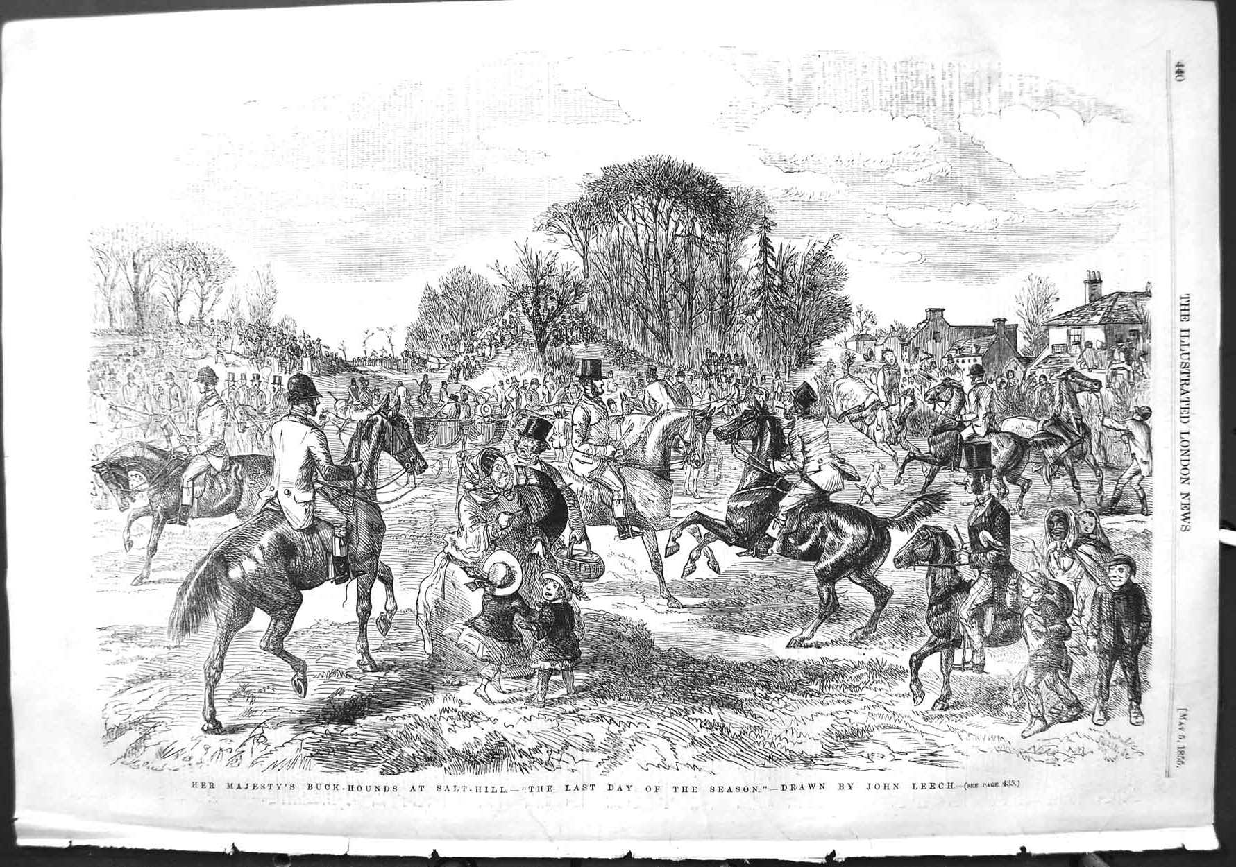 Original Old Antique Print 1855 Queen Buck Hounds Salt Hill Hunting Horses Dogs