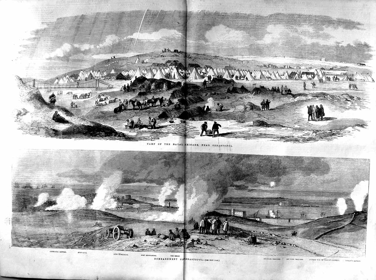 Old Antique Print 1855 Camp Naval Brigade War Sebastopol Redan Trenches 19th