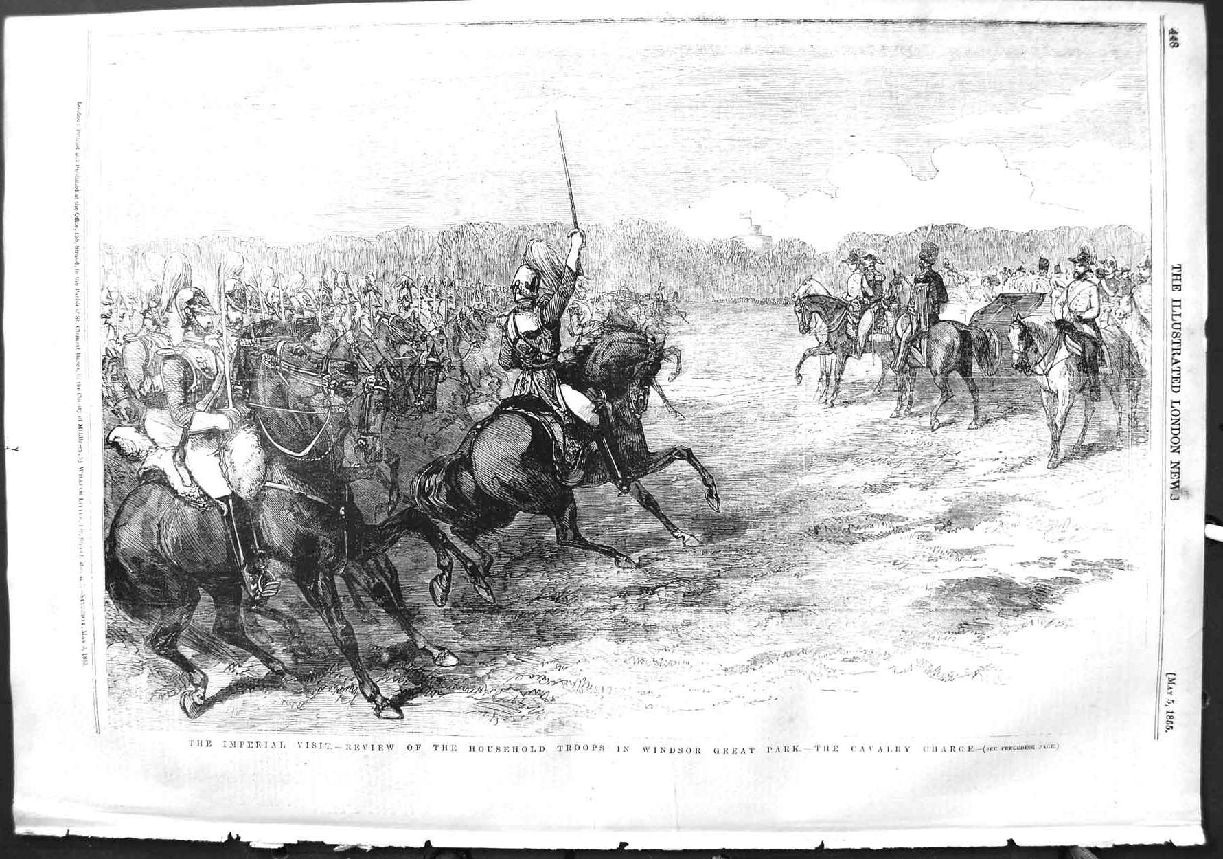 Original Old Antique Print 1855 Cavalry Charge HousehTroops Winds 19th
