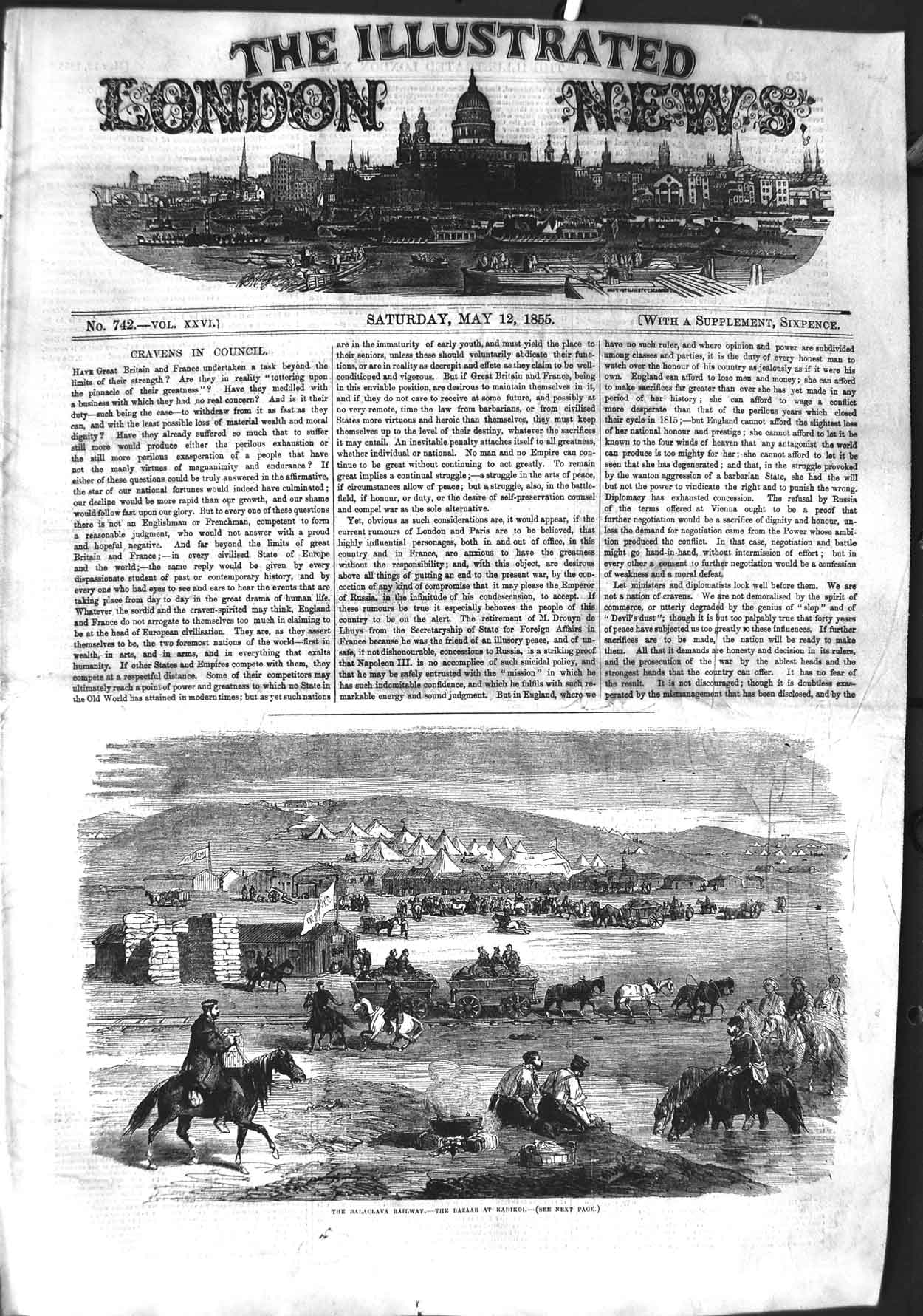 Original Old Antique Print 1855 Balaclava Railway Bazaar Kadikoi War Horses
