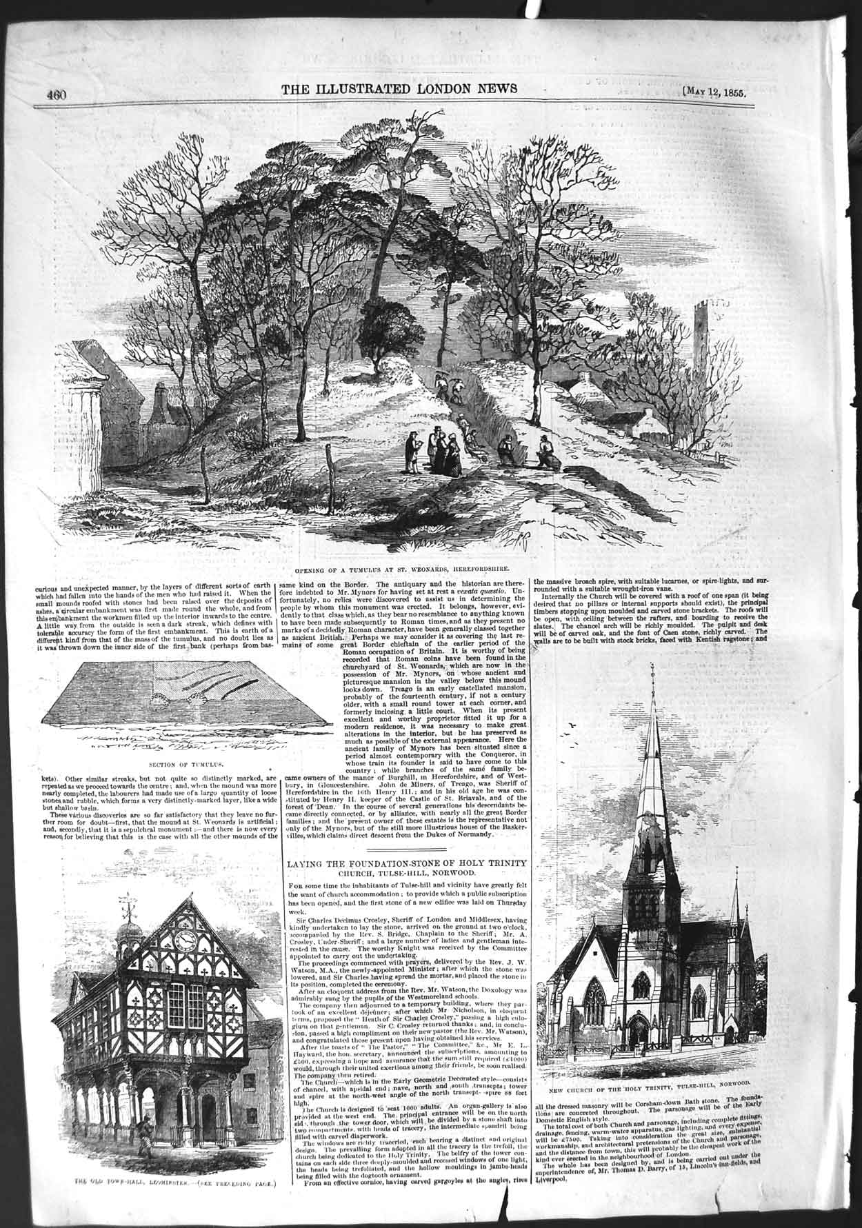 Original Old Antique Print 1855 Tumulus Weonards Herefordshire Church Norwood