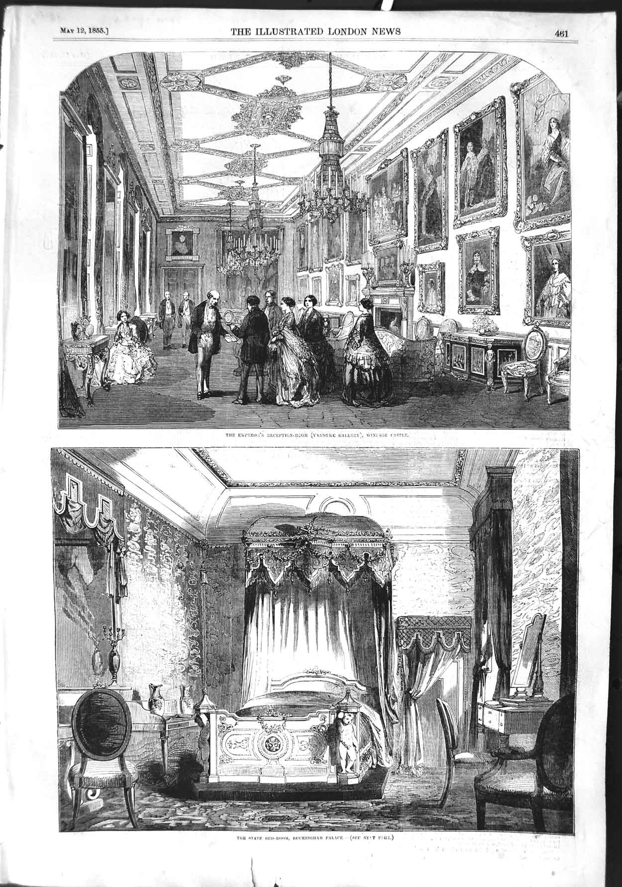 Old Antique Print 1855 Emperor Vandyke Gallery Art Buckingham Palace Bed 19th