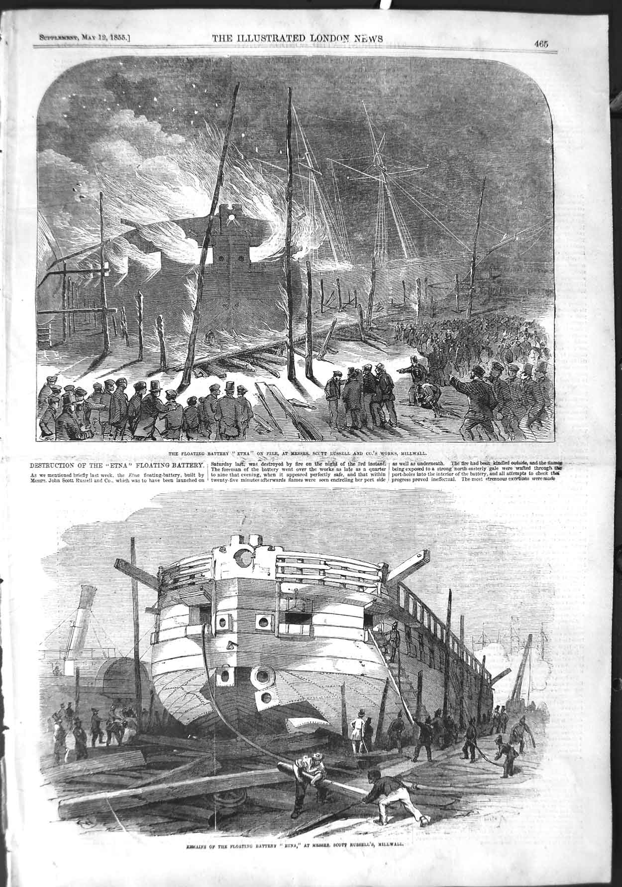 Old Antique Print 1855 Floating Battery Ship Etna Millwall Ship Russell 19th
