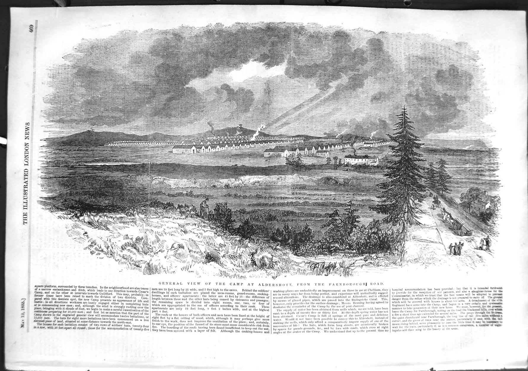 Original Old Antique Print 1855 View War Camp Aldershott Farnborough Road 19th
