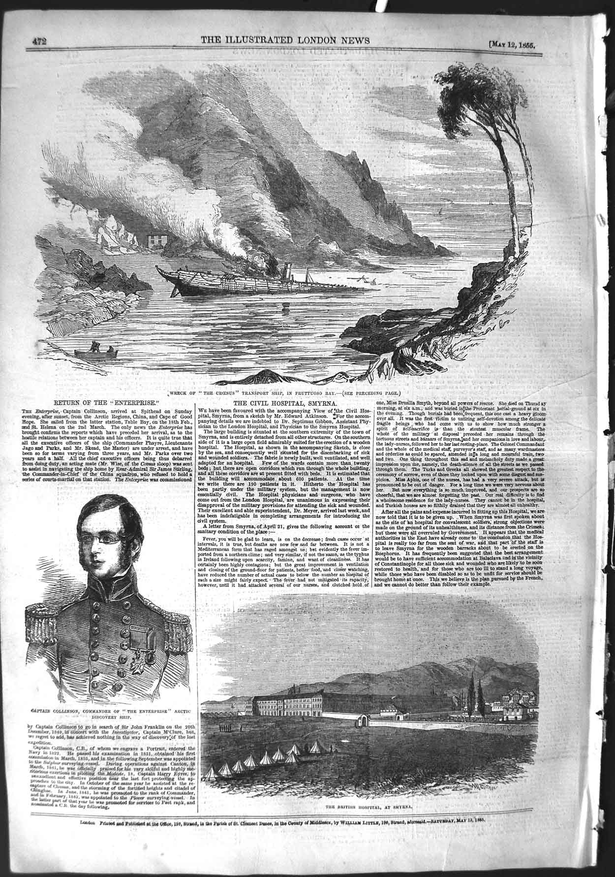 Old Antique Print 1855 Ship Wreck Croesus Collinson Hospital Smyrna War 19th