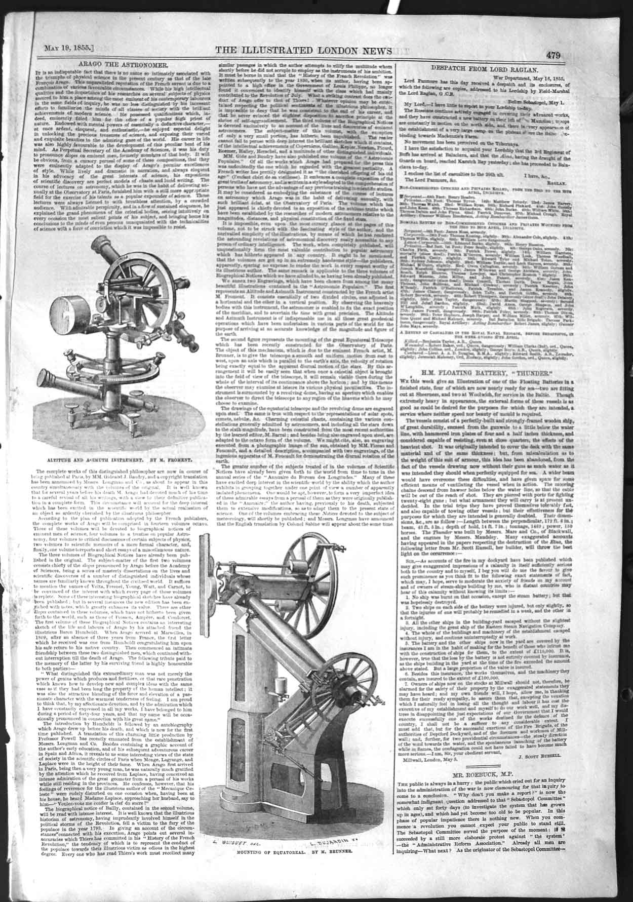Original Old Antique Print 1855 Altitude Instrument Equatoreal Roebuck Ship