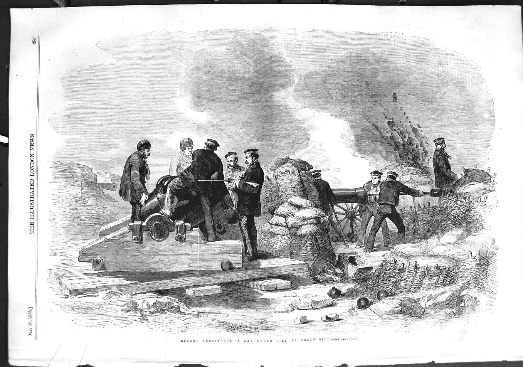 Original Old Antique Print 1855 Day Under Fire Green-Hill Sebastopol War Siers