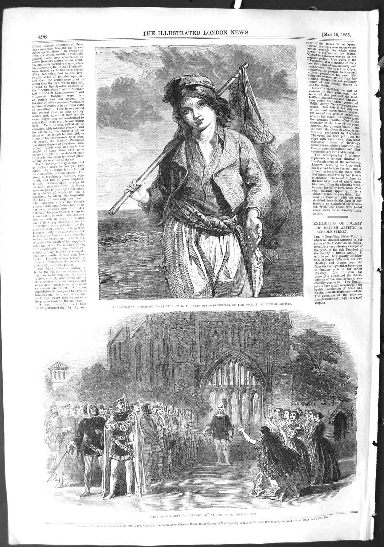 Original Old Antique Print 1855 Neapolitan Fisher-Boy Art Verdi Trovatore Opera