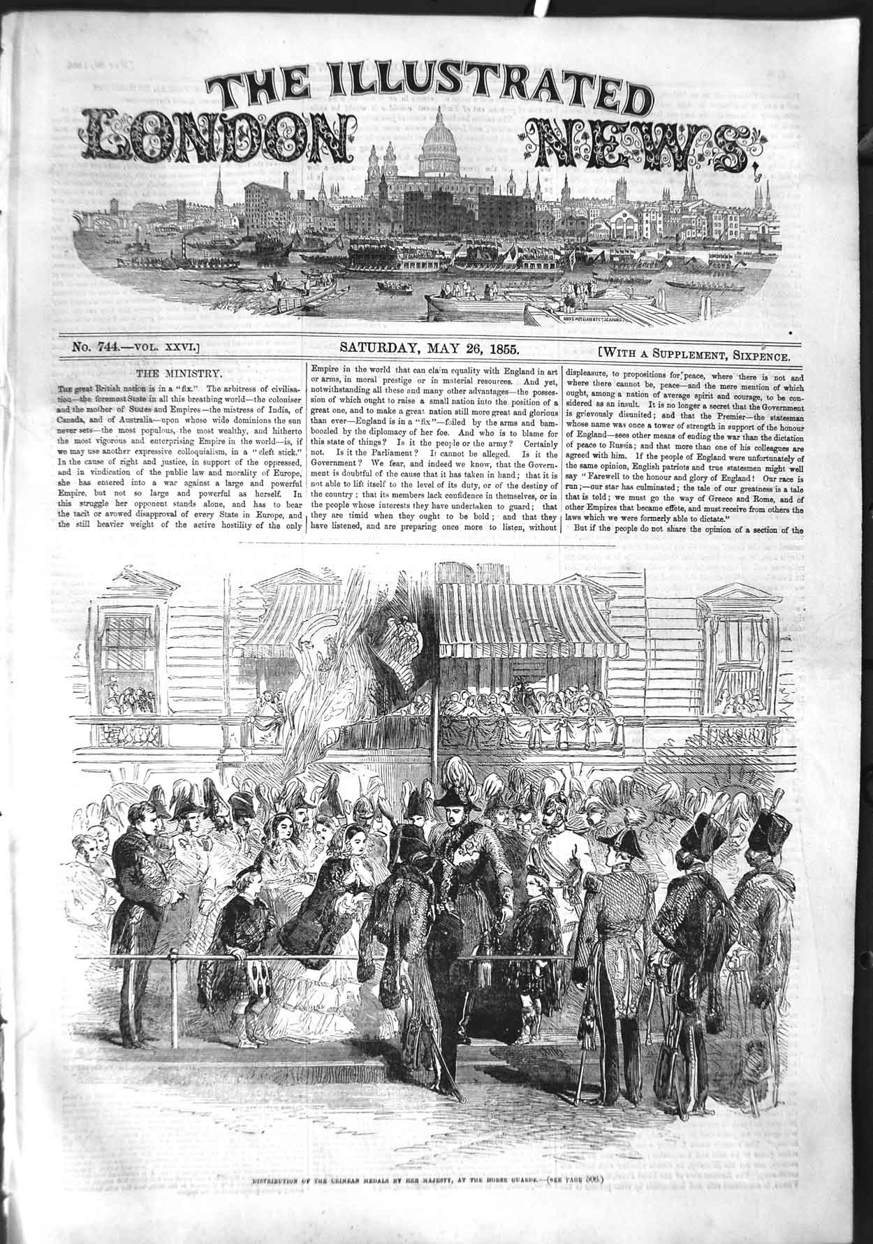 Original Old Antique Print 1855 Crimea War Medals Queen England Horse Guards