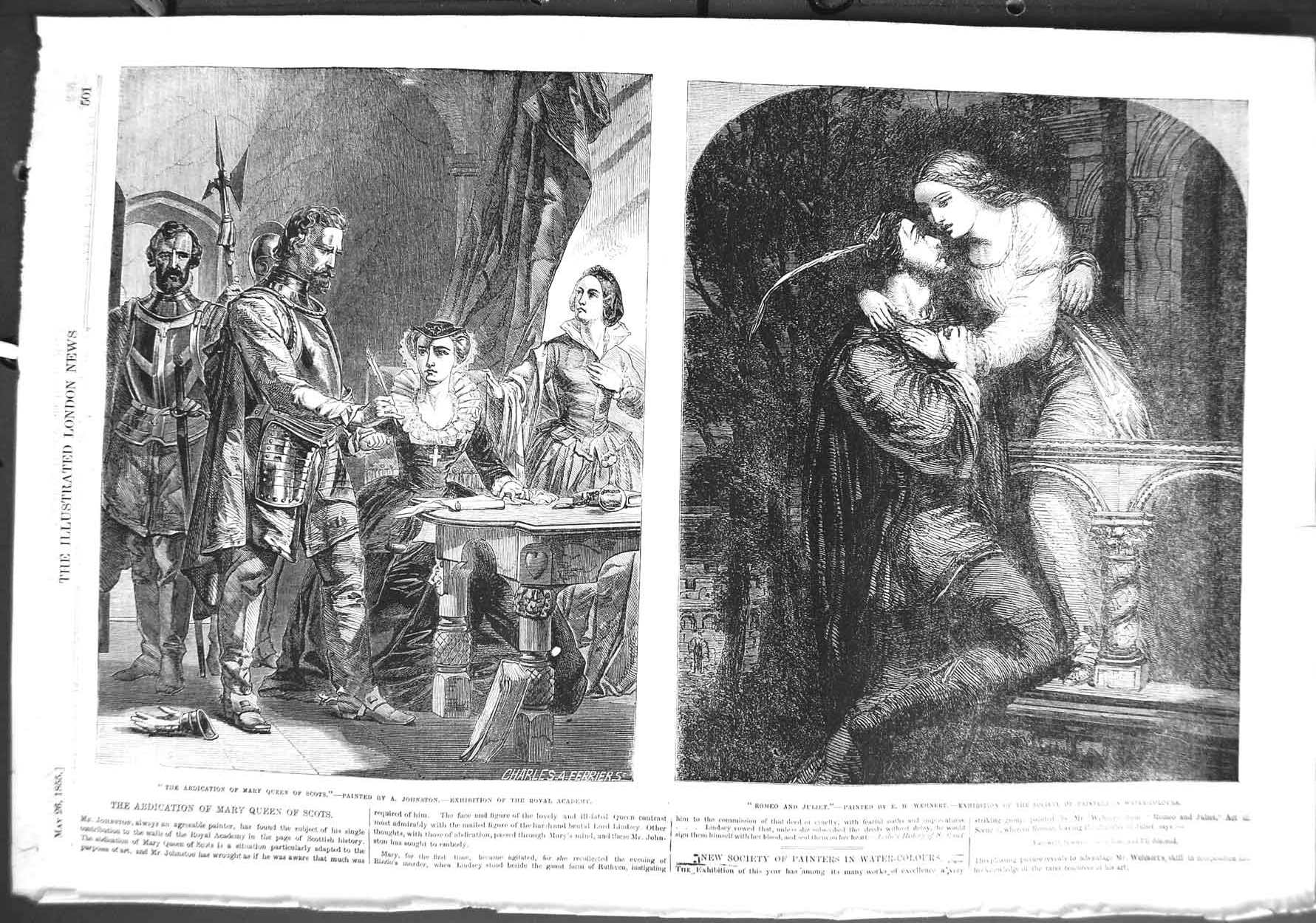 Original Old Antique Print 1855 Abdication Mary Queen Scots Romeo Juliet Art