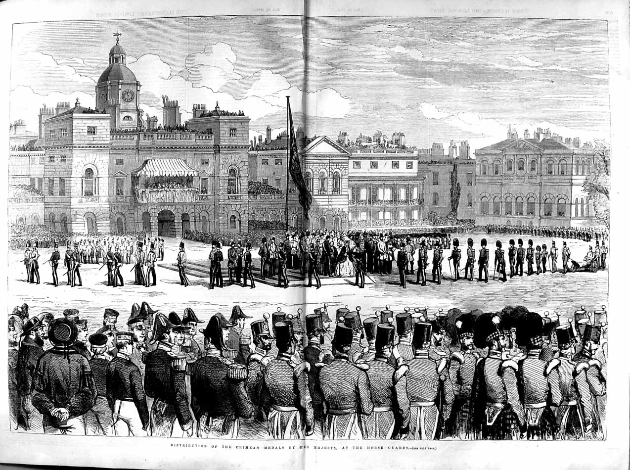 Original Old Antique Print 1855 Dustribution Crimean Medals Queen Horse Guards