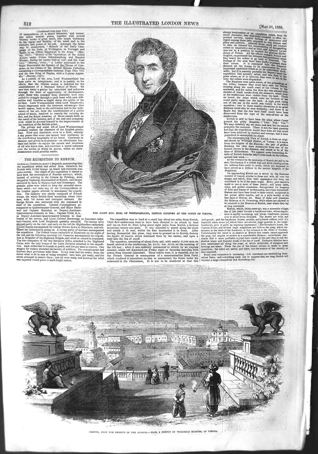 Original Old Antique Print 1855 Earl Westmoreland Minister Vienna Kertch Museum