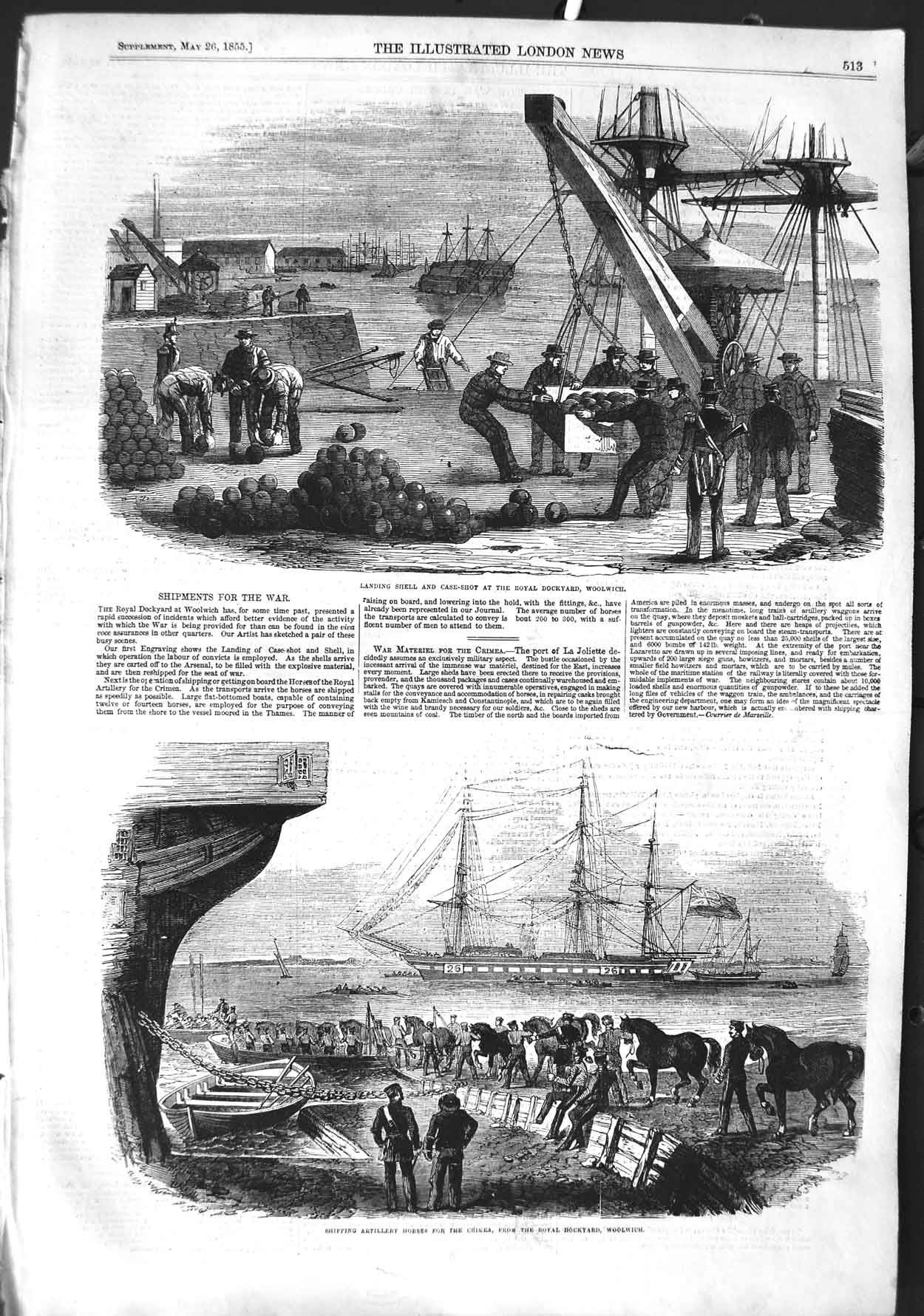 Original Old Antique Print 1855 Ship War Shell Dockyard Woolwich Horses Crimea