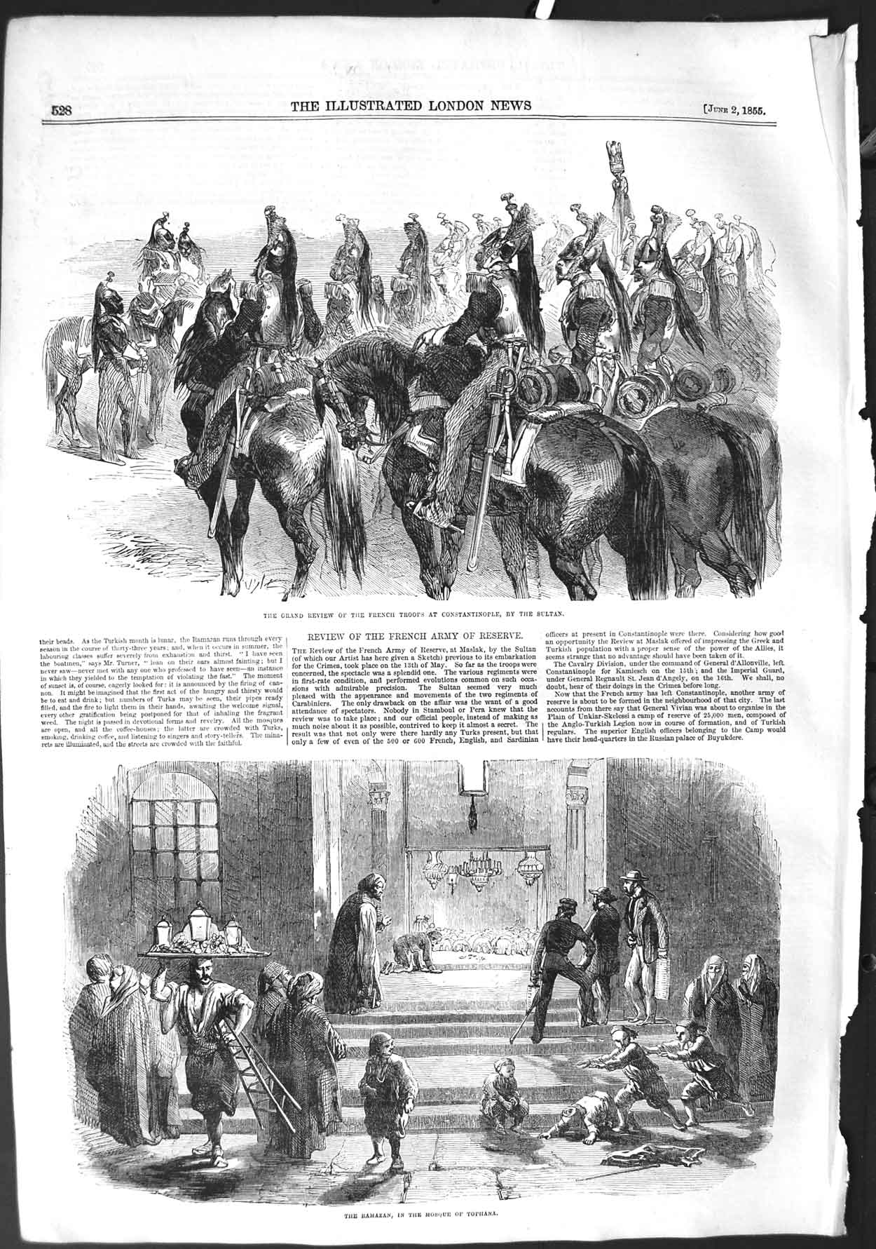 Original Old Antique Print 1855 War Constatinople Sultan Ramazan Mosque Tophana