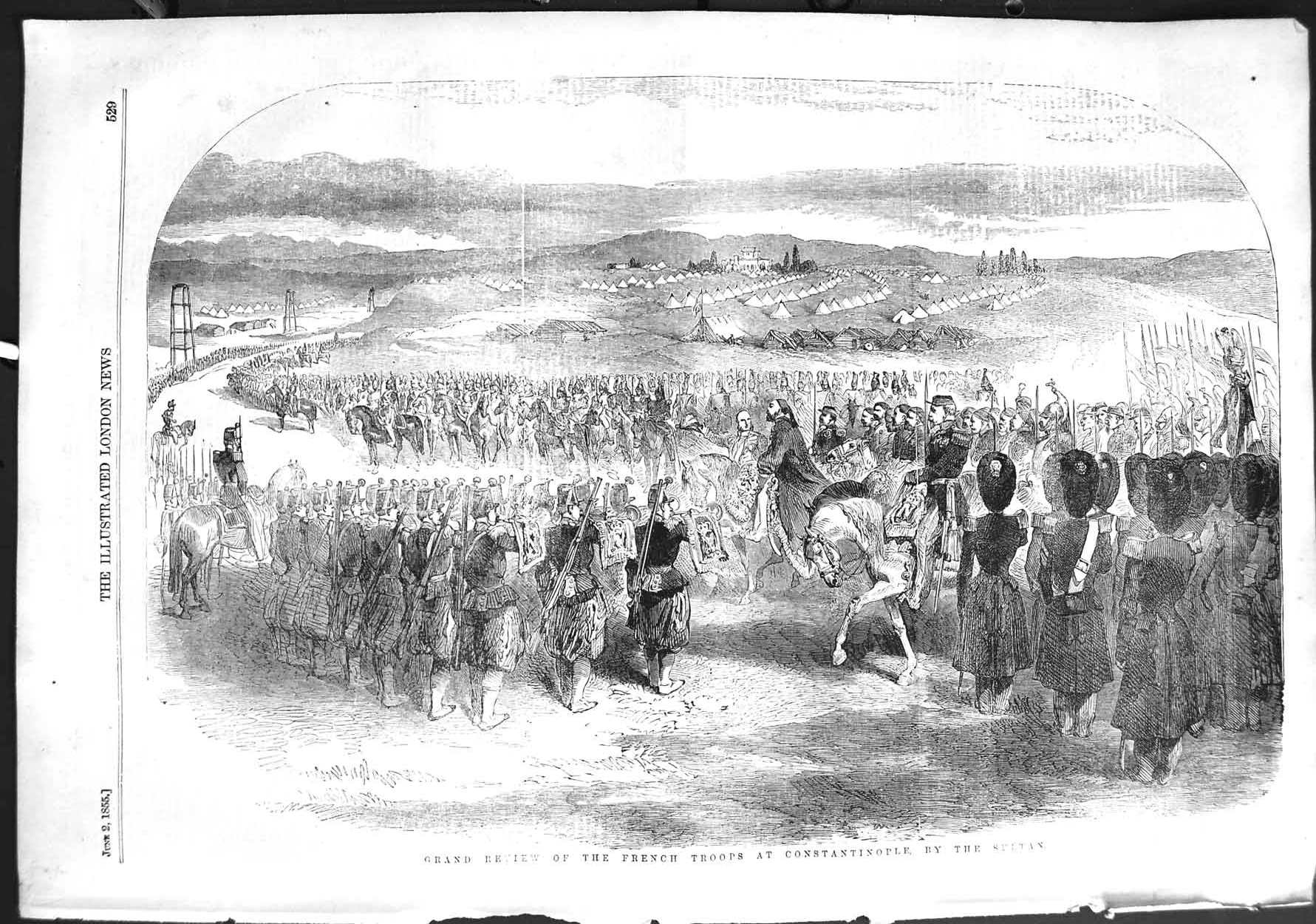 Original Old Antique Print 1855 Review French Troops Constantinople Sultan 19th
