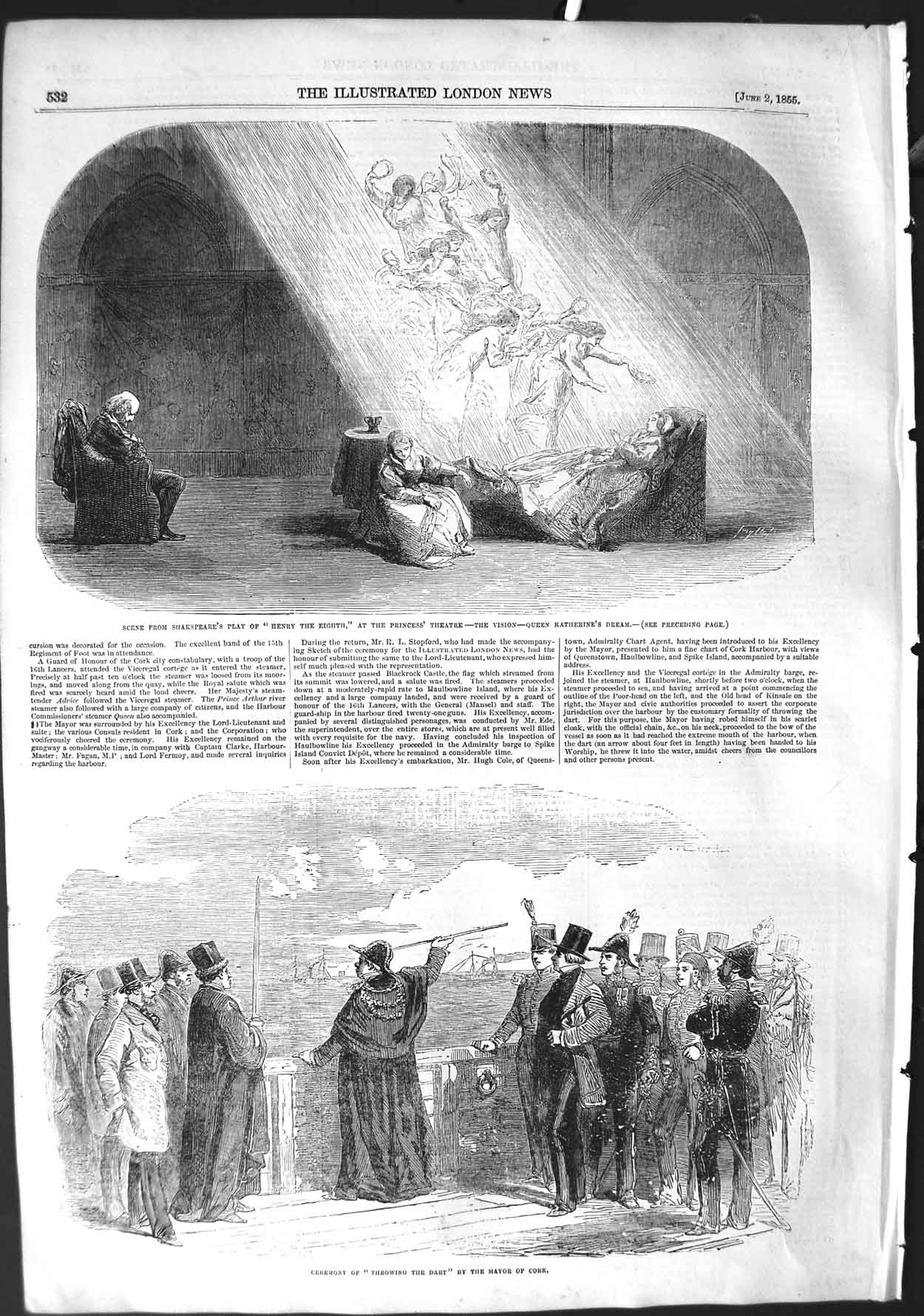 Old Antique Print 1855 Shakespeare Henry Eighth Theatre Mayor Cork Dart 19th