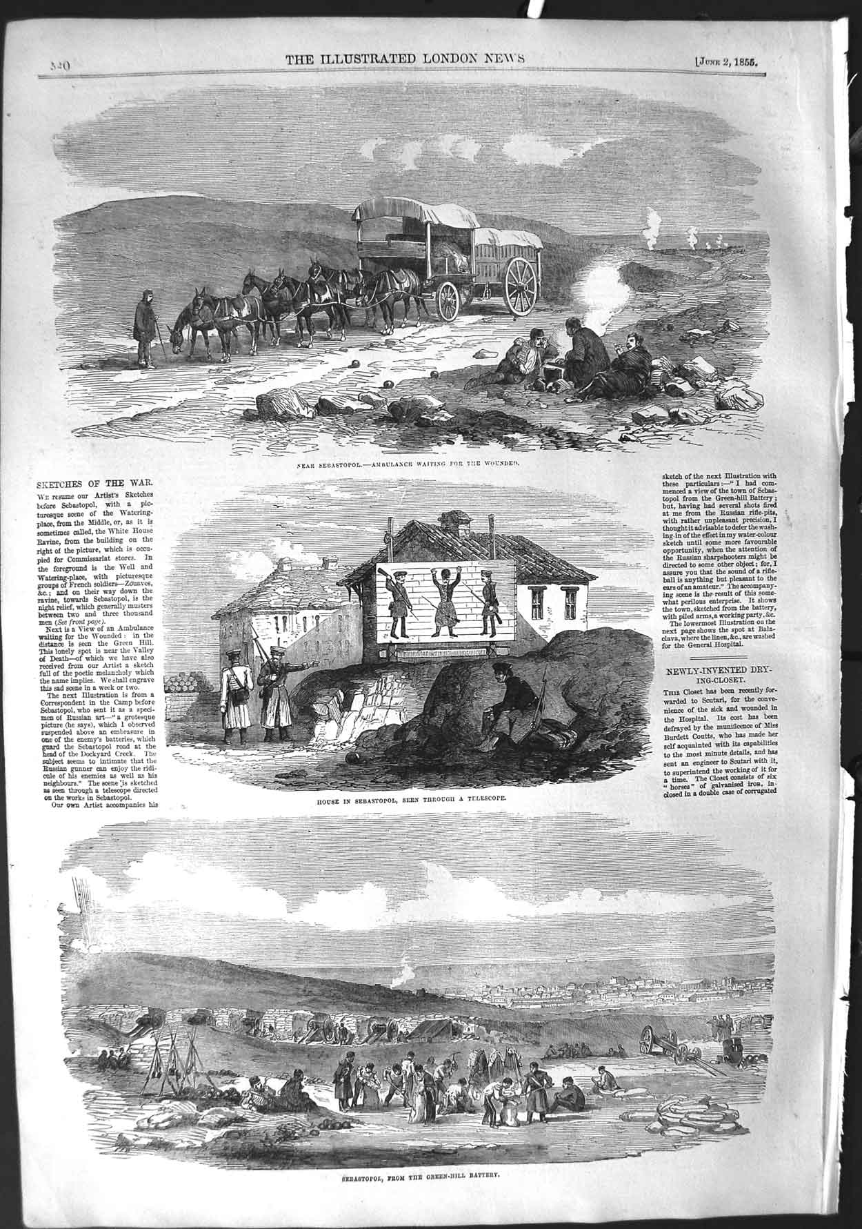 Old Antique Print 1855 Sebastopol Ambulance Green-Hill Battery War Army 19th