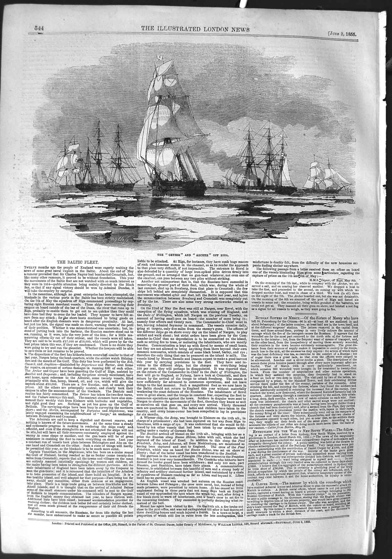 Original Old Antique Print 1855 Baltic Fleet Ships Geyser Archer Riga Ice War