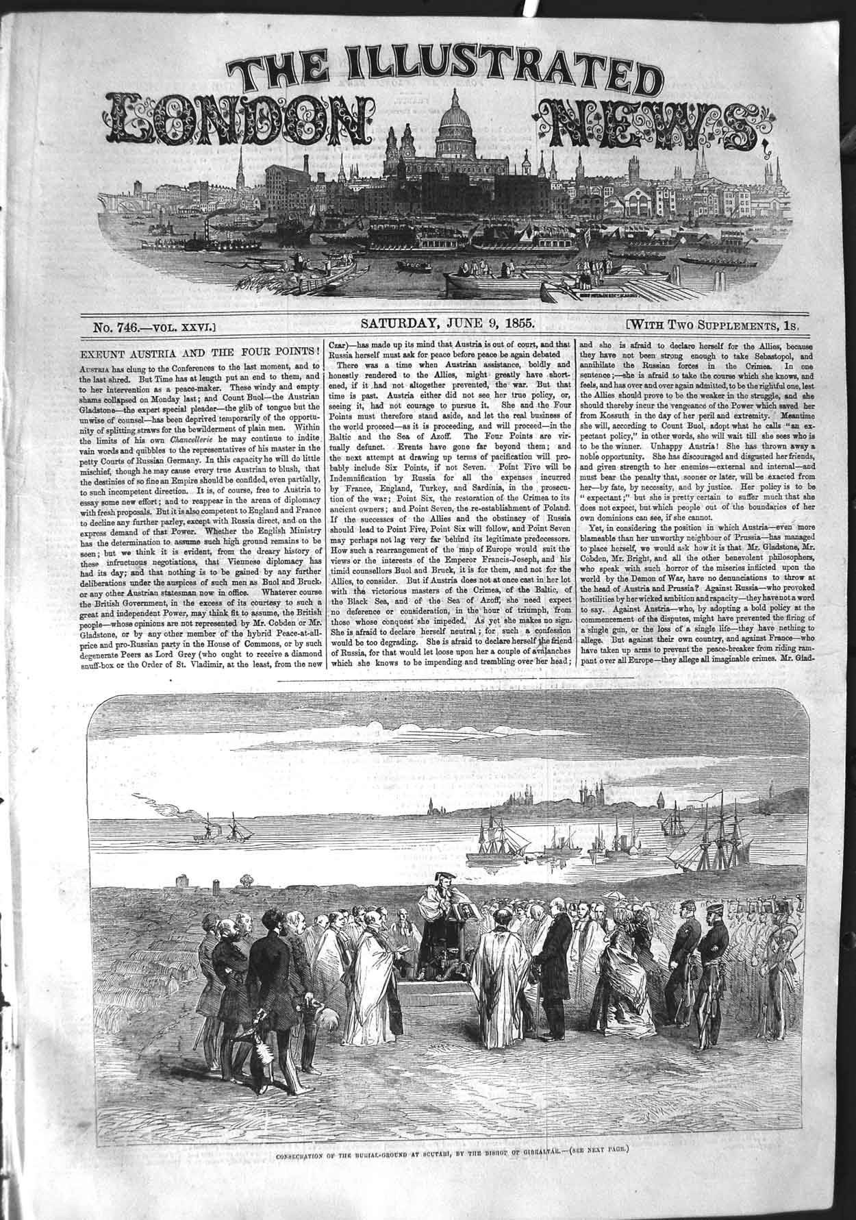 Original Old Antique Print 1855 Consecration Burial Ground Scutari Gibraltar