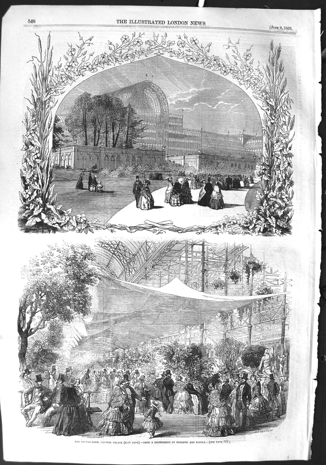 Original Old Antique Print 1855 Flower Show Crystal Palace East Nave Negretti