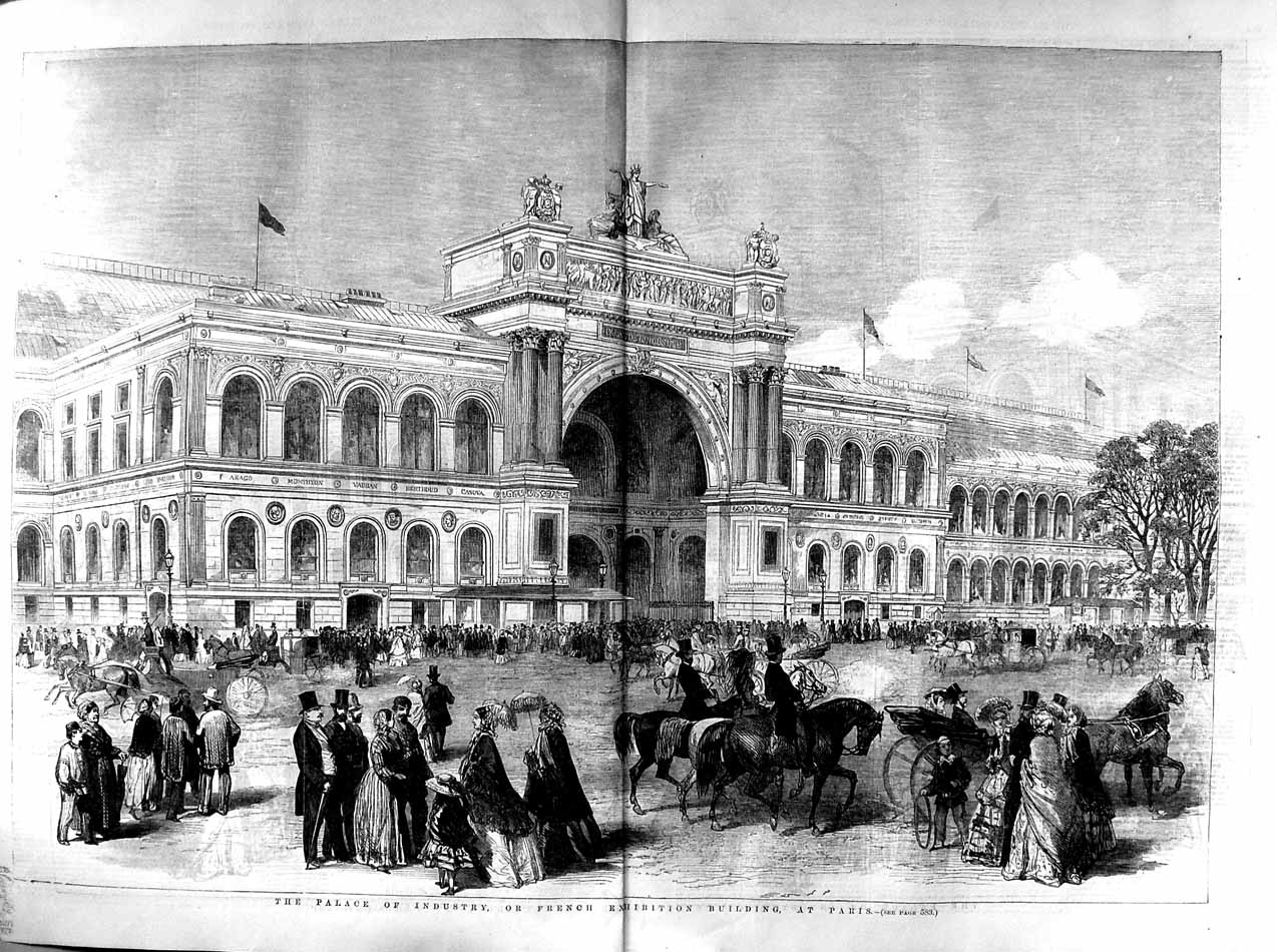 Original Old Antique Print 1855 Palace Industry French Exhibition Buildin 19th