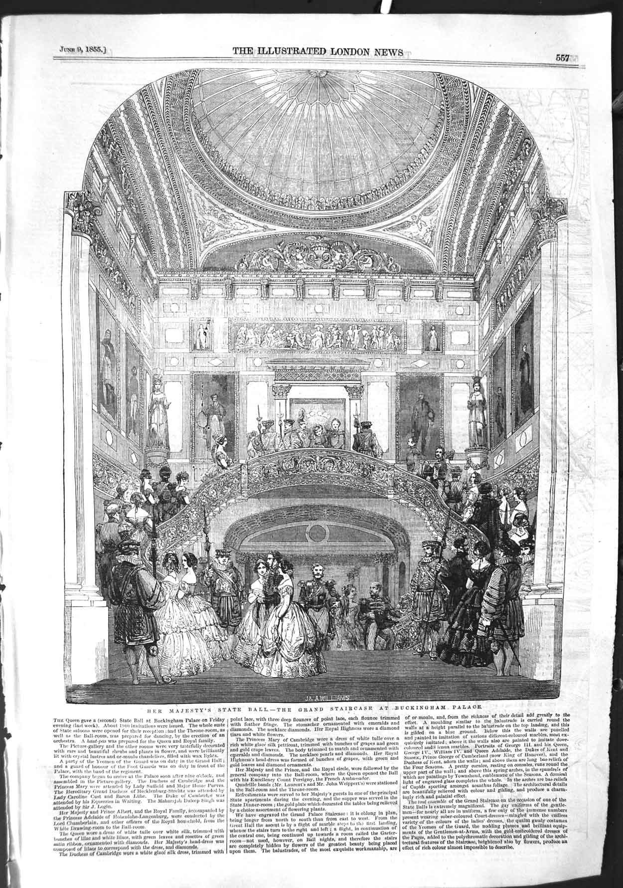 Old Antique Print 1855 Grand Staircase Buckingham Palace Queen State Ball 19th