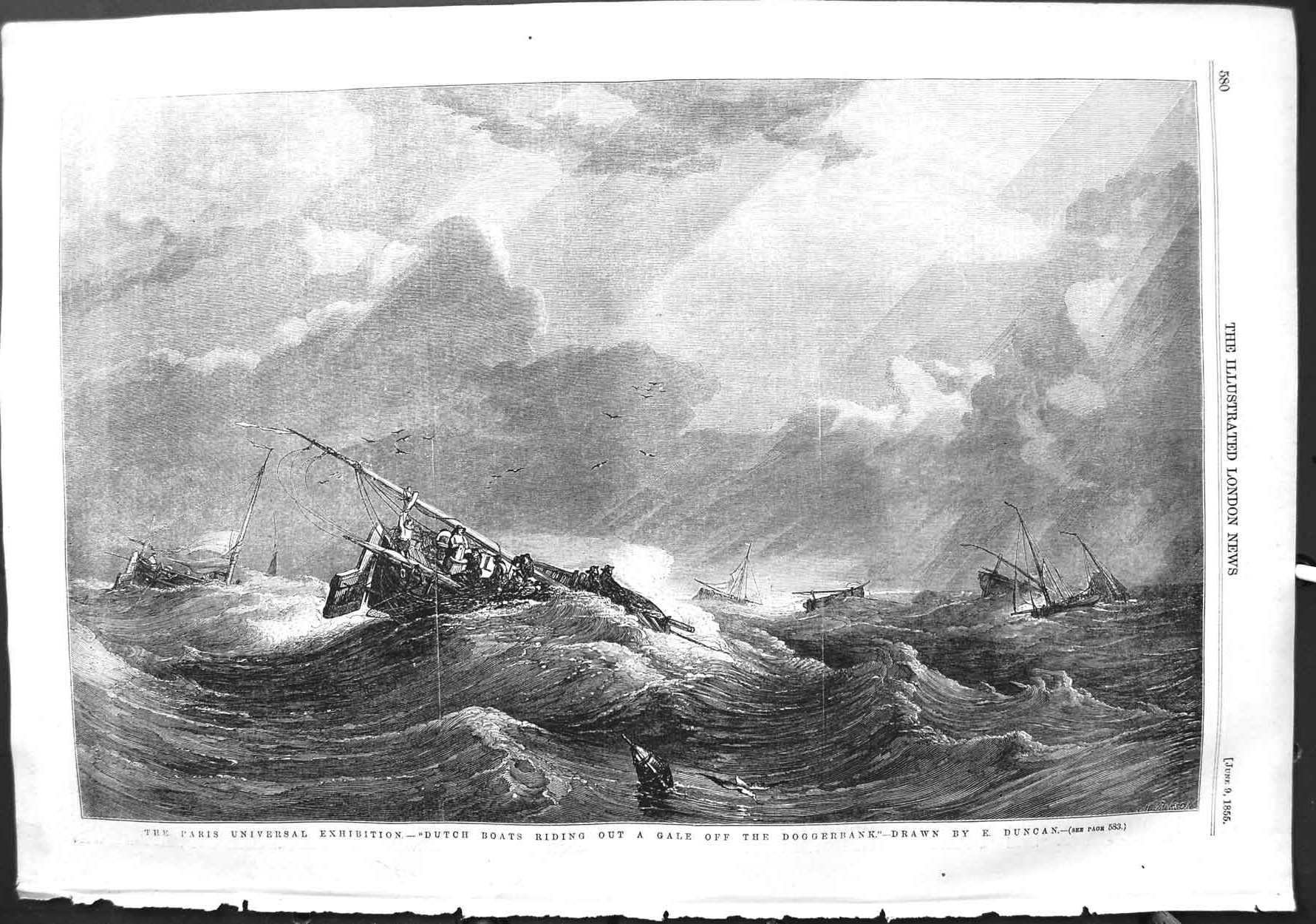 Original Old Antique Print 1855 Dutch Fishing Boats Gale Doggerbank Stormy Sea
