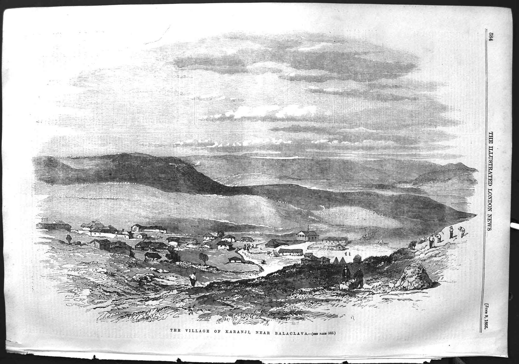 Original Old Antique Print 1855 View Village Karanji Balaclava Houses Mountains