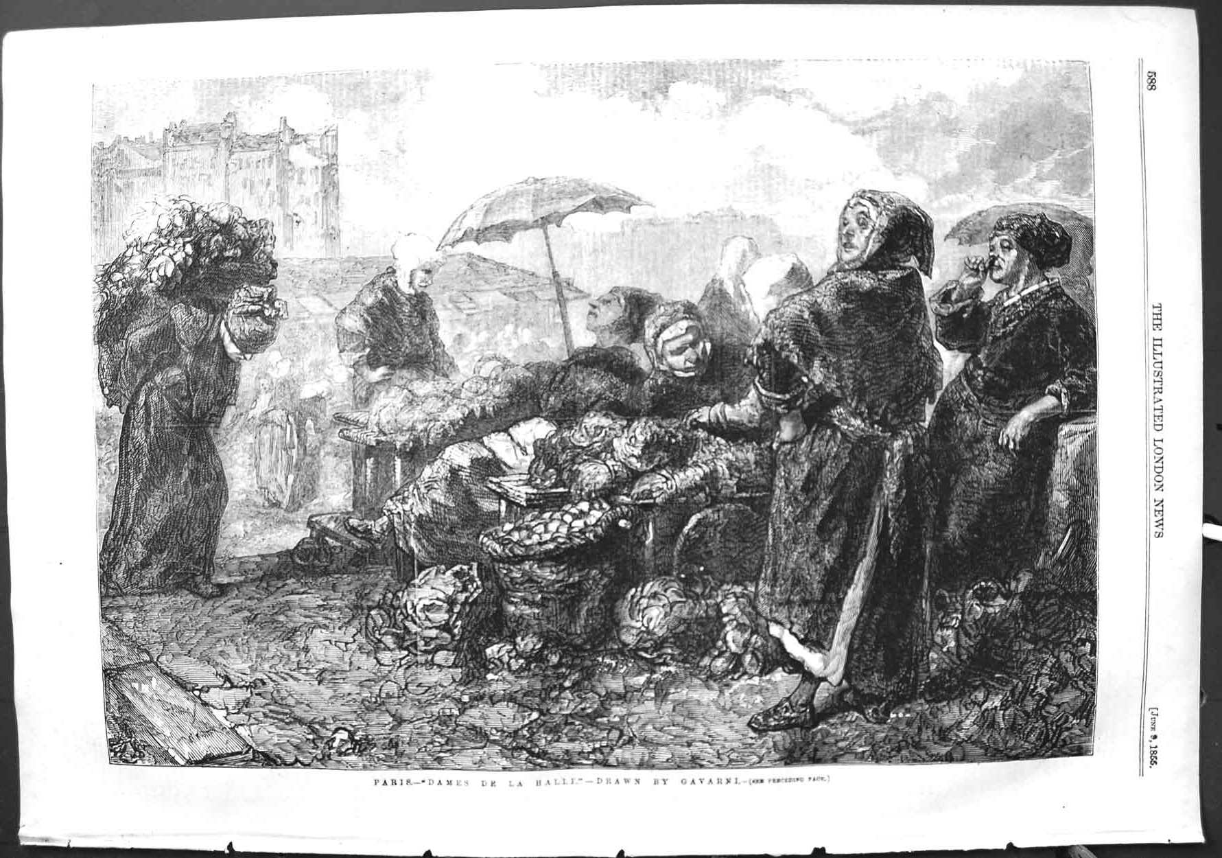 Original Old Antique Print 1855 Gavarni Paris Dames De La Halle Women Market