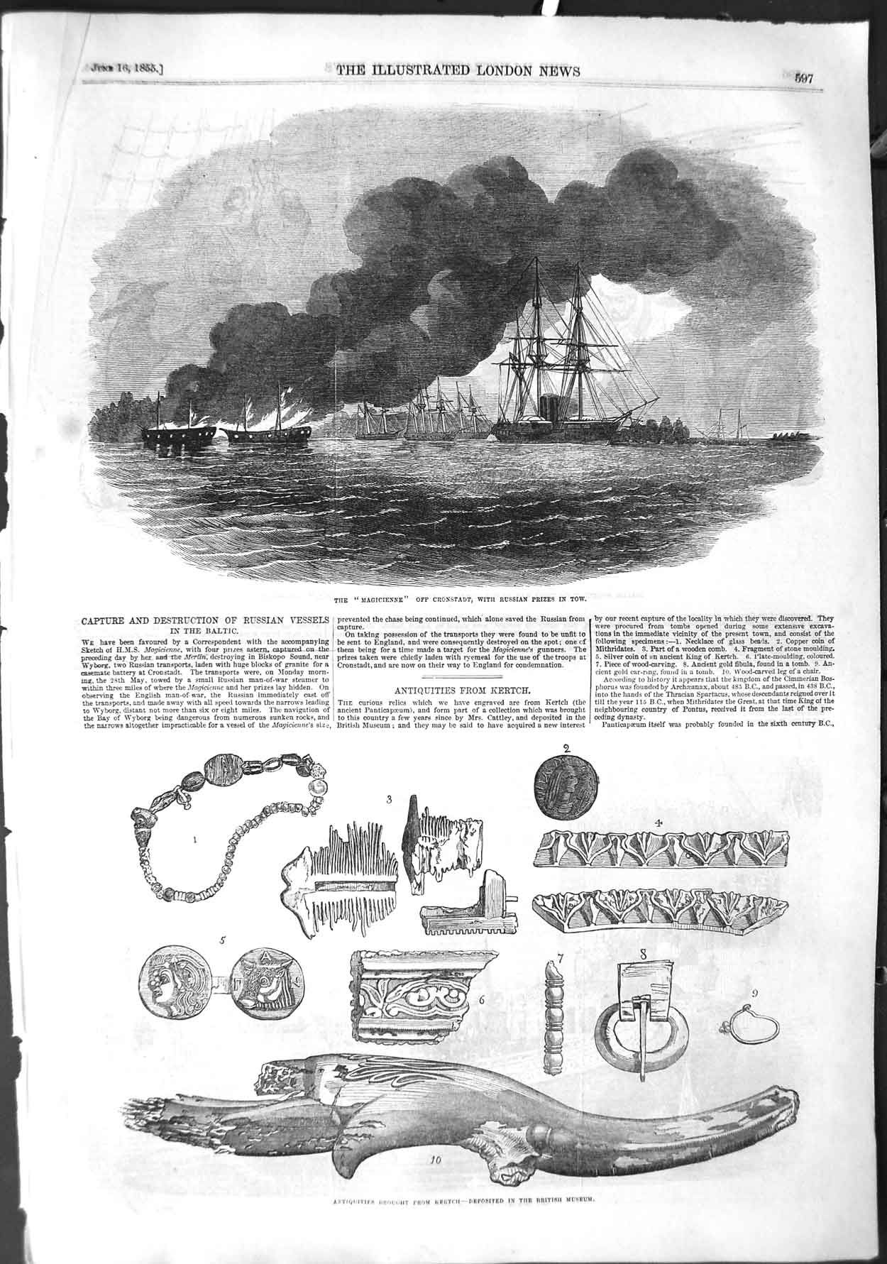 Old Antique Print 1855 Magicienne Cronstadt War Ships Antiquities Museum 19th
