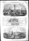 Original Old Antique Print 1855 Cattle Market Copenhagen-Fields Plan Fountain