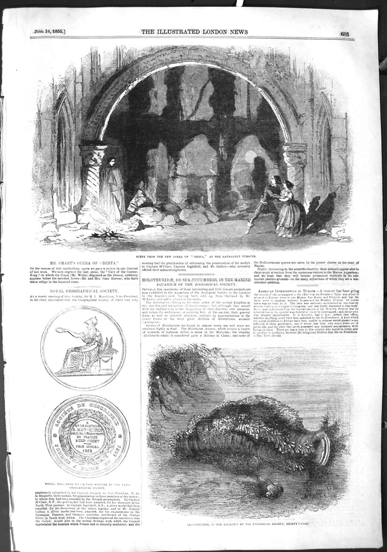 Old Antique Print 1855 Scene Opera Berta Haymarket Theatre Sea-Cucumber 19th