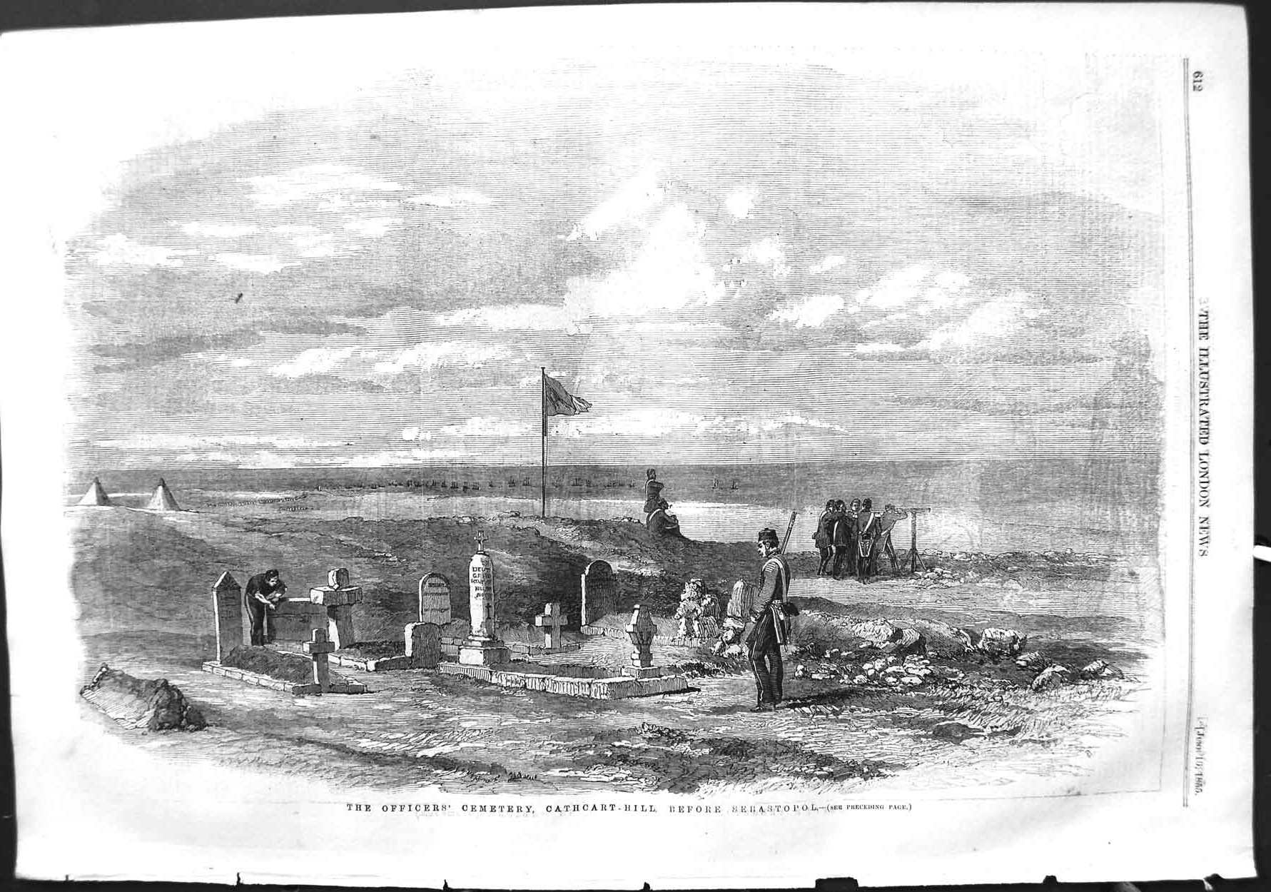 Original Old Antique Print 1855 Officers Cemetery Cathcart-Hill Sebastopol War
