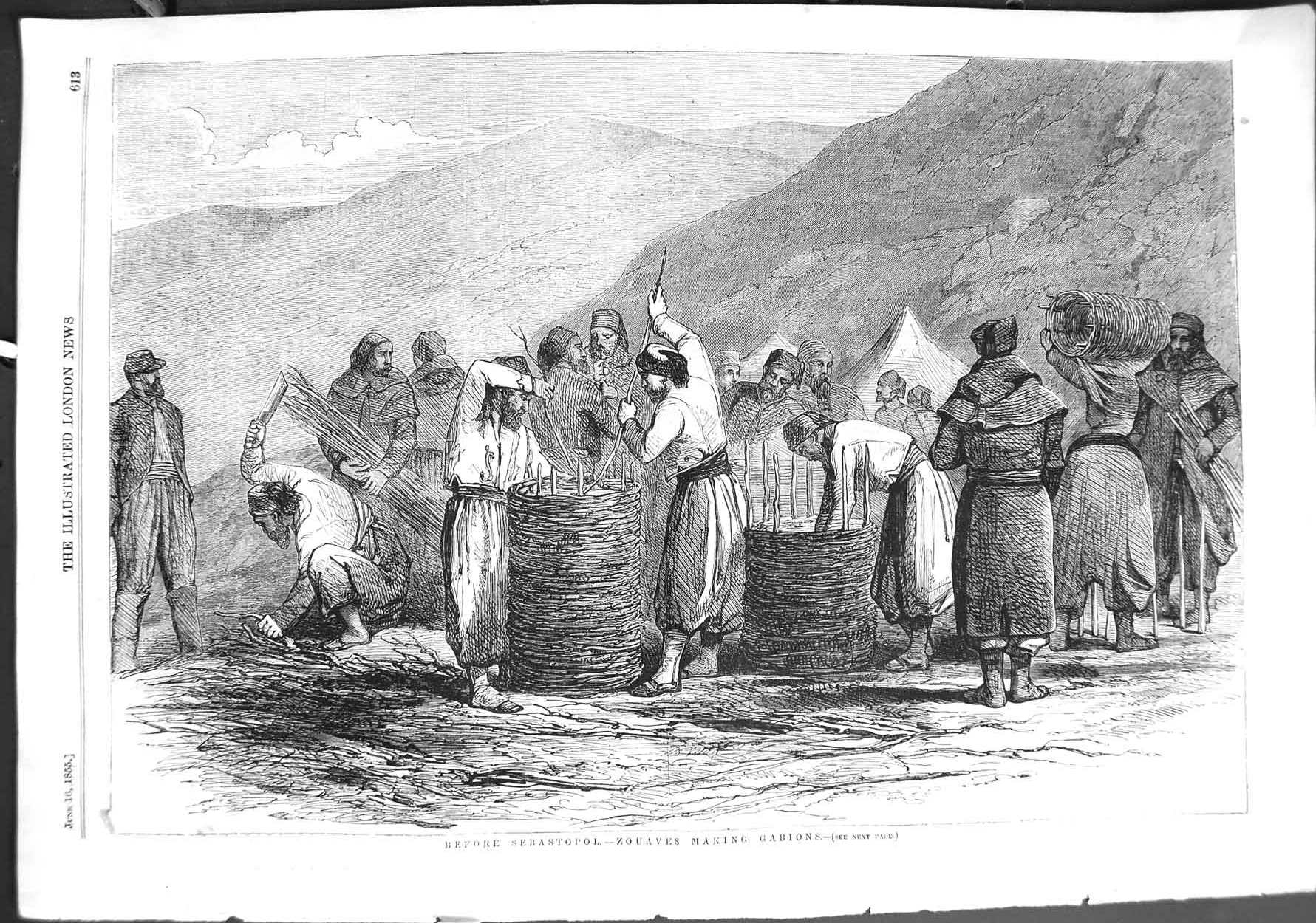 Original Old Antique Print 1855 Zouaves Making Gabions Sebastopol War Siers