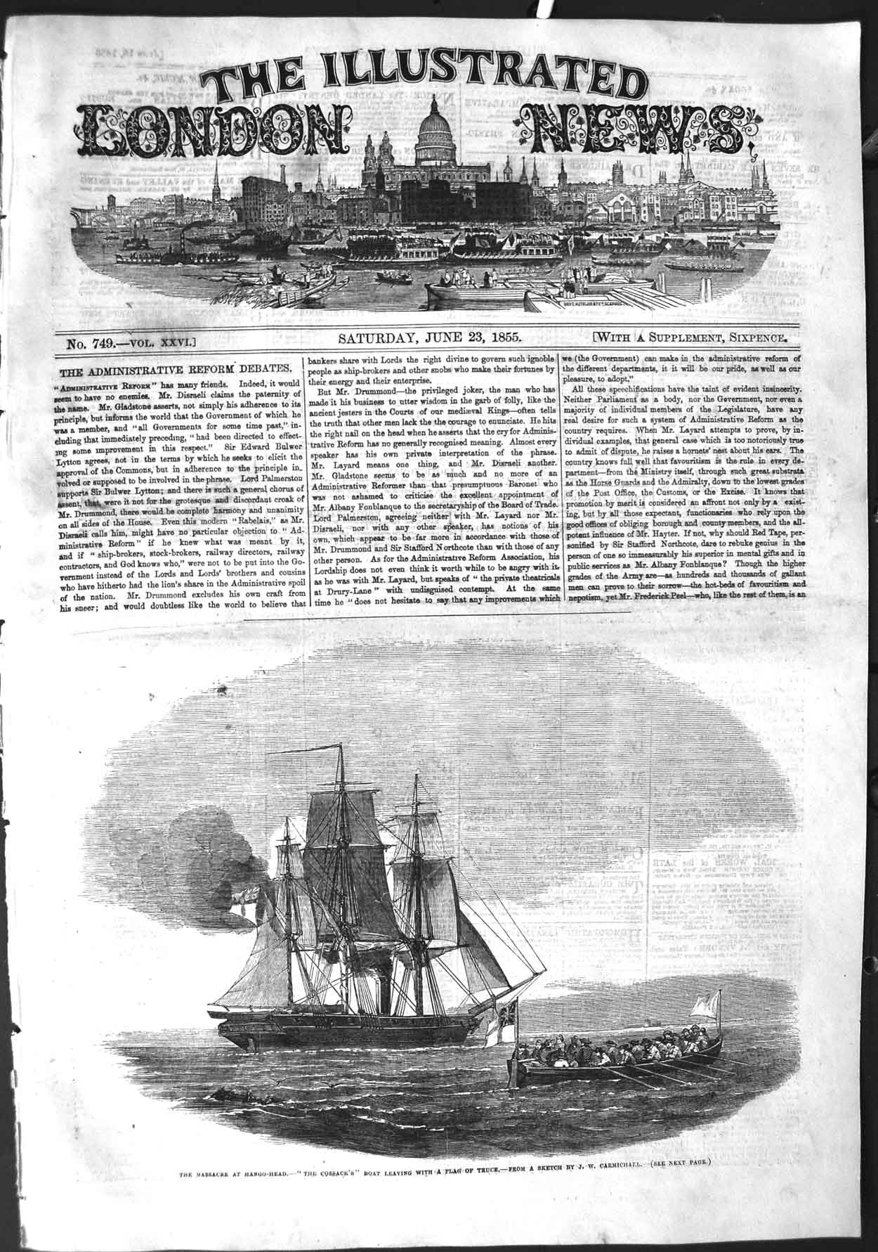 Original Old Antique Print 1855 Massacre Hango-Head Cossack War Ship Flag Truce