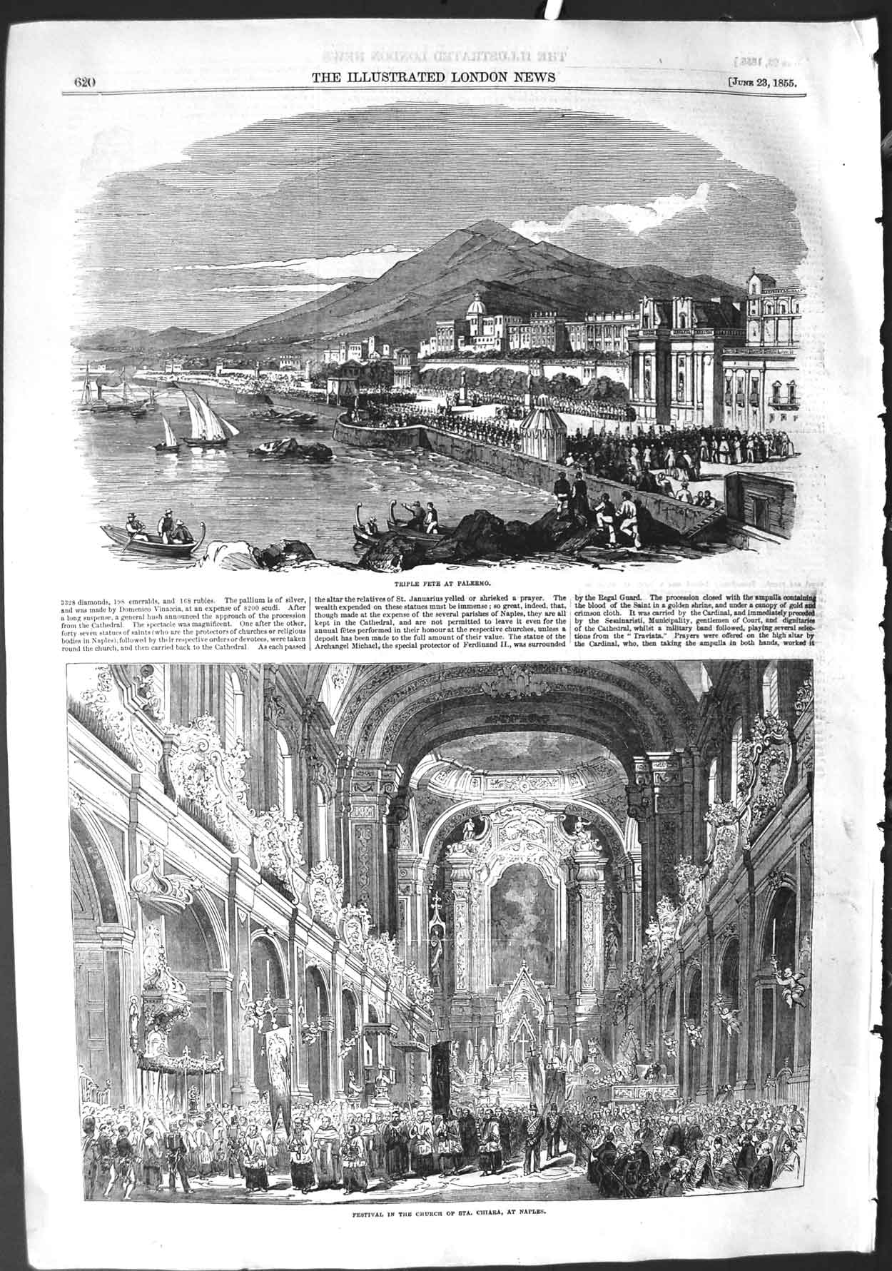 Antique Print *3186 1855 Triple Fete Palermo Festival Church Chiara Naples