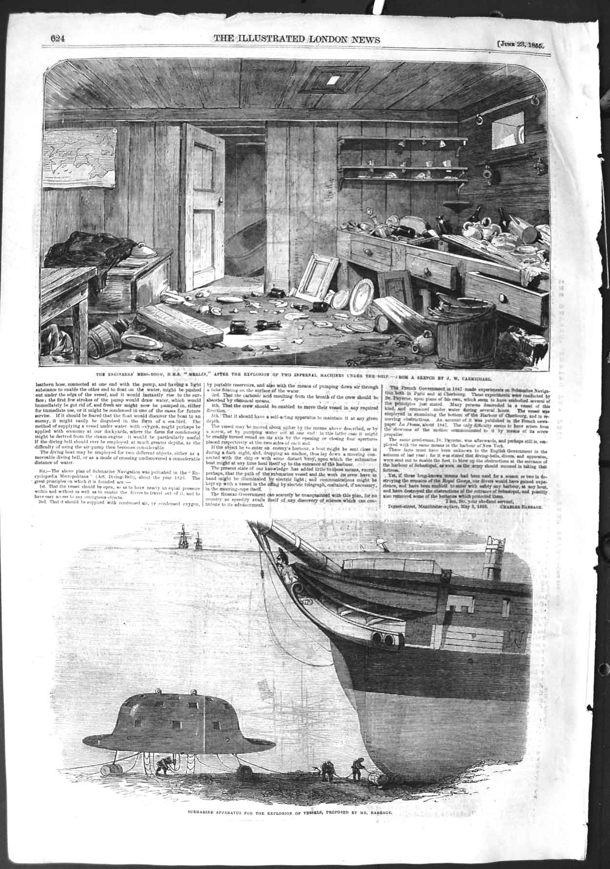Old Antique Print 1855 Engineers Mess Room Ship Merlin Infernal Machines 19th
