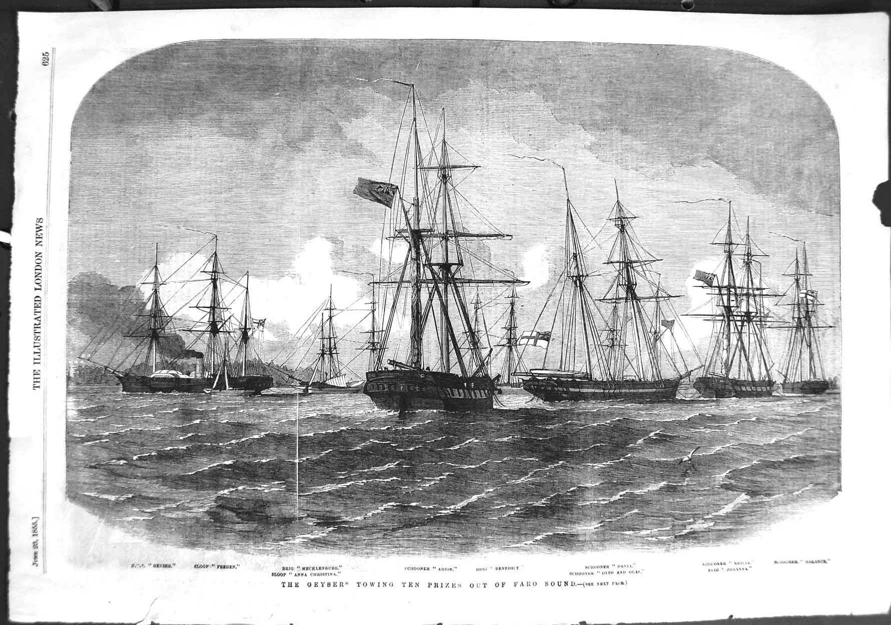 Antique Print *3191 1855 Geyser Faro Sound Ships Freden Arion Dania Emillia