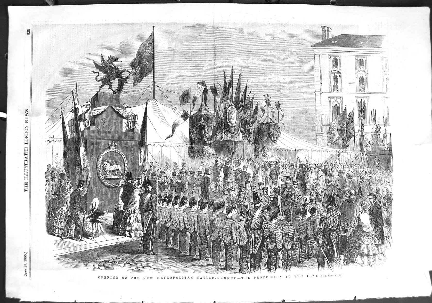 Original Old Antique Print 1855 Procession Opening Metropolitan Cattle Market