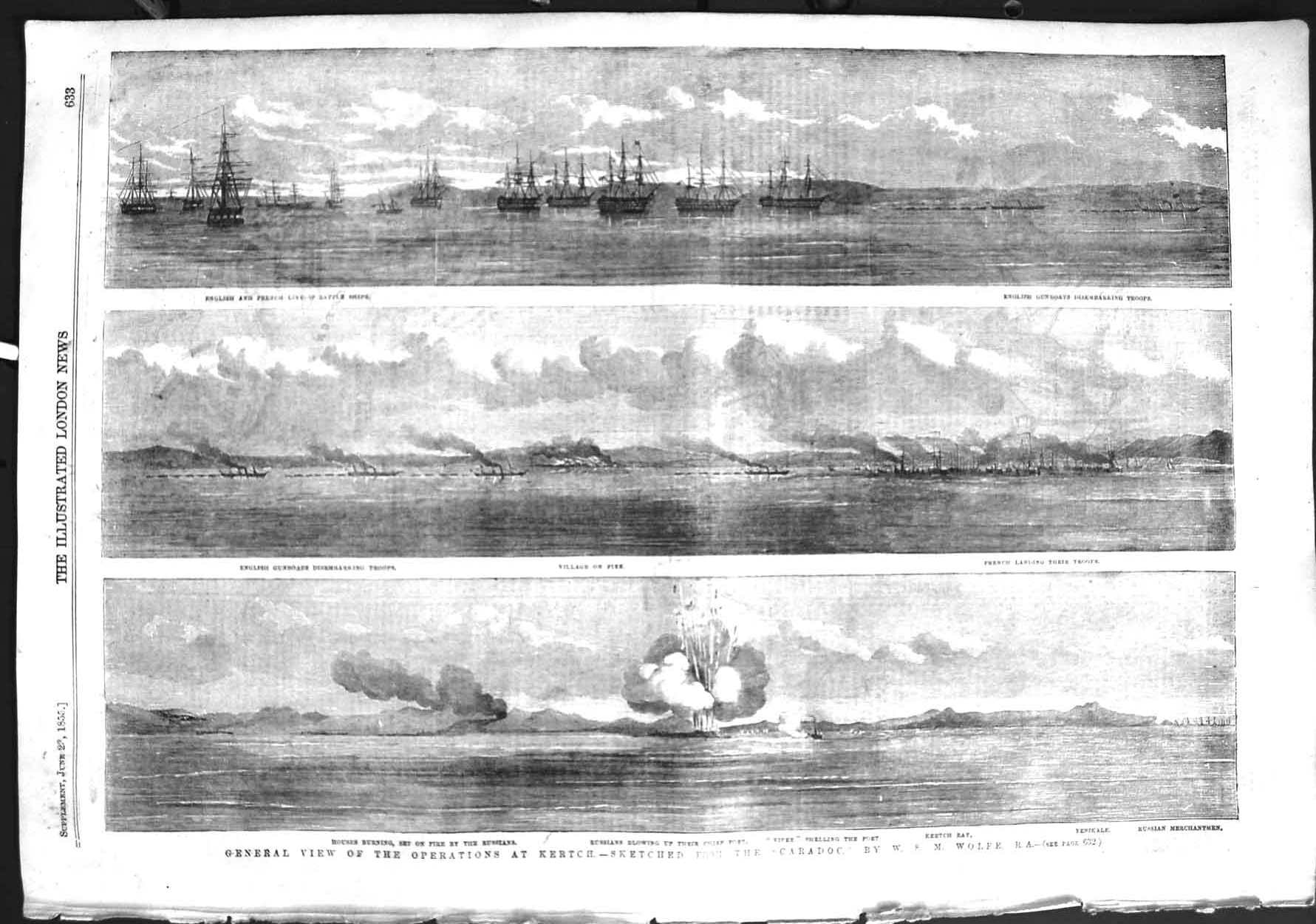 Original Old Antique Print 1855 View Operations Kertch Ships Viper Yenikale War